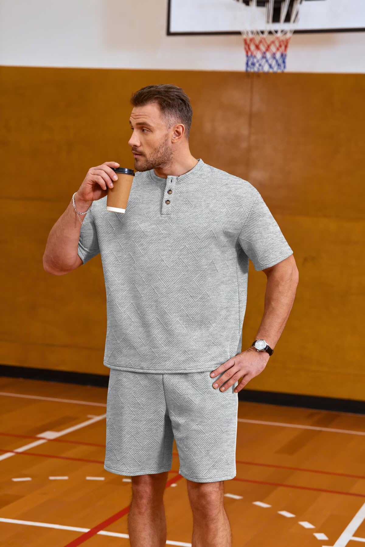 Remxi Herren Trainingsanzug 2 Teiliger Set Jacquard Henley Shirt Shorts Sets lässige Jogginganzüge Sommer Tracksuit Sets