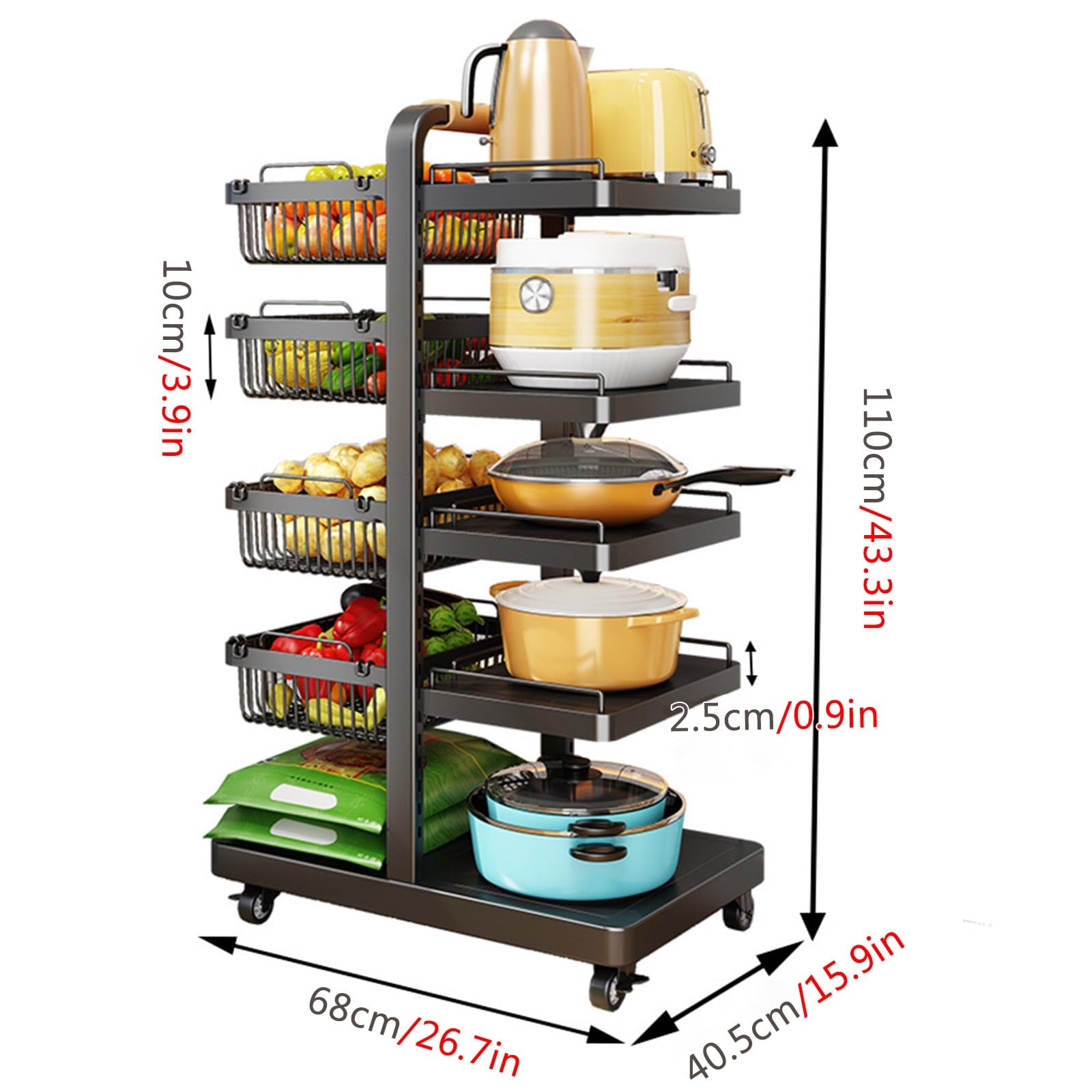 Rejilla ajustable para sartenes y ollas de 10 niveles con 6 bandejas, 4 cestas y ruedas, soporte para utensilios de cocina a presión, estante de almacenamiento de hierro fundido resistente para coci