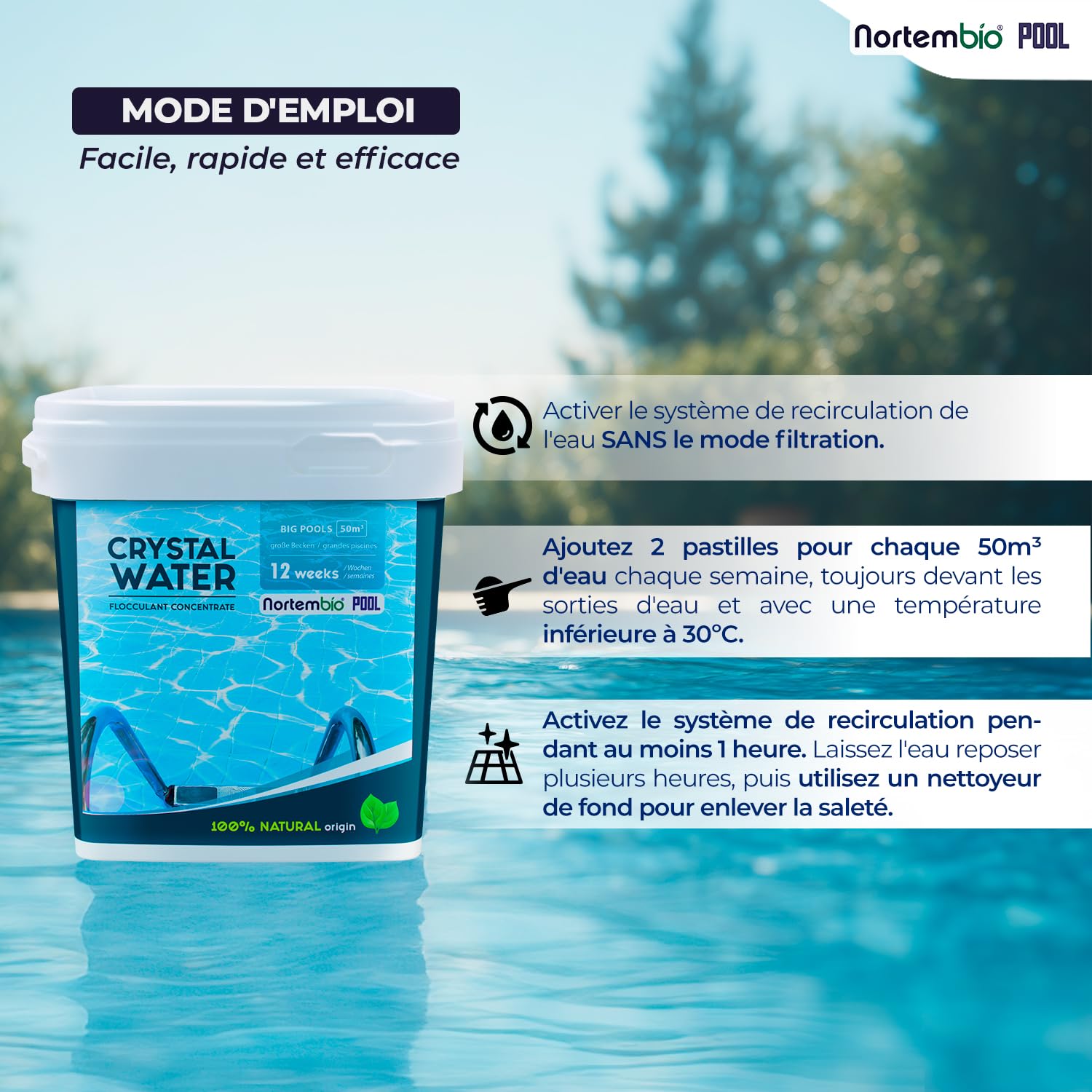 Nortembio Floculant Naturel Grandes Piscines et Spa Clarificateur Professionnel pour Eau Trouble et Eau Cristalline Traitement Haute Performance + eBook Offert avec Conseils d’Experts (24 Semaines)
