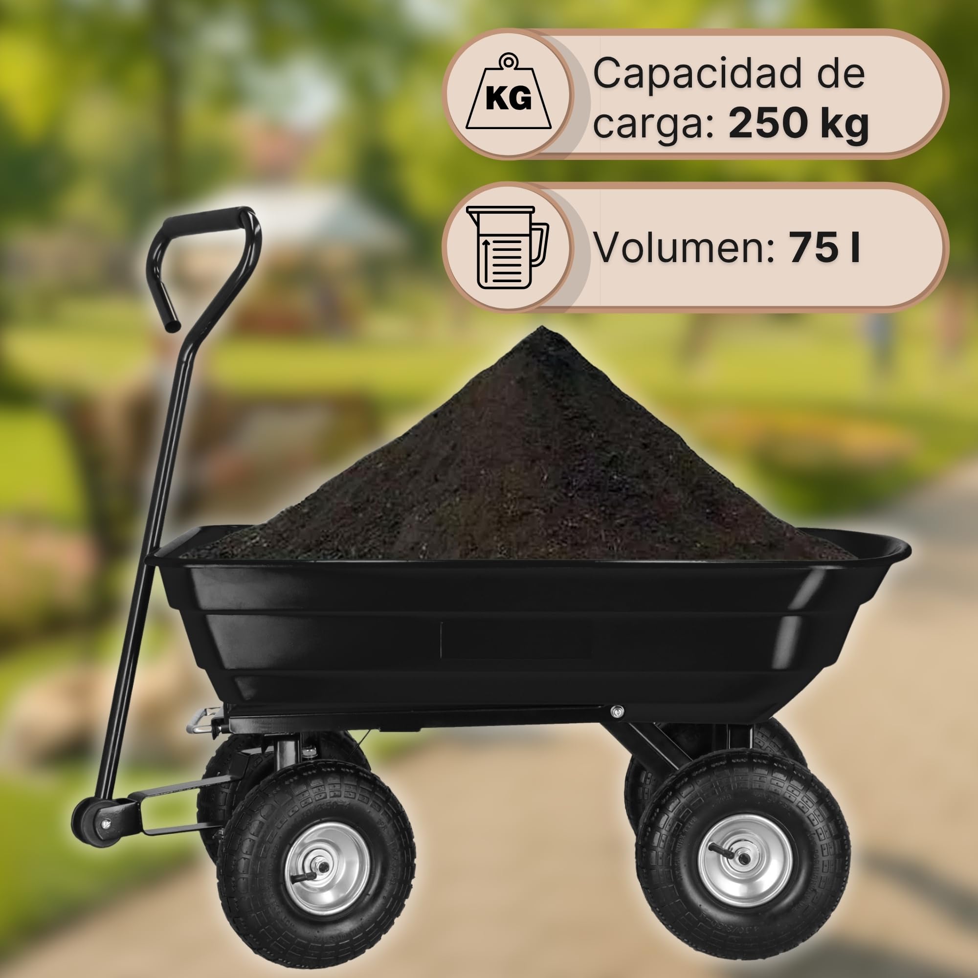 SPRINGOS Carro de jardín con función basculante, carretilla de transporte de 250 kg, 75 l