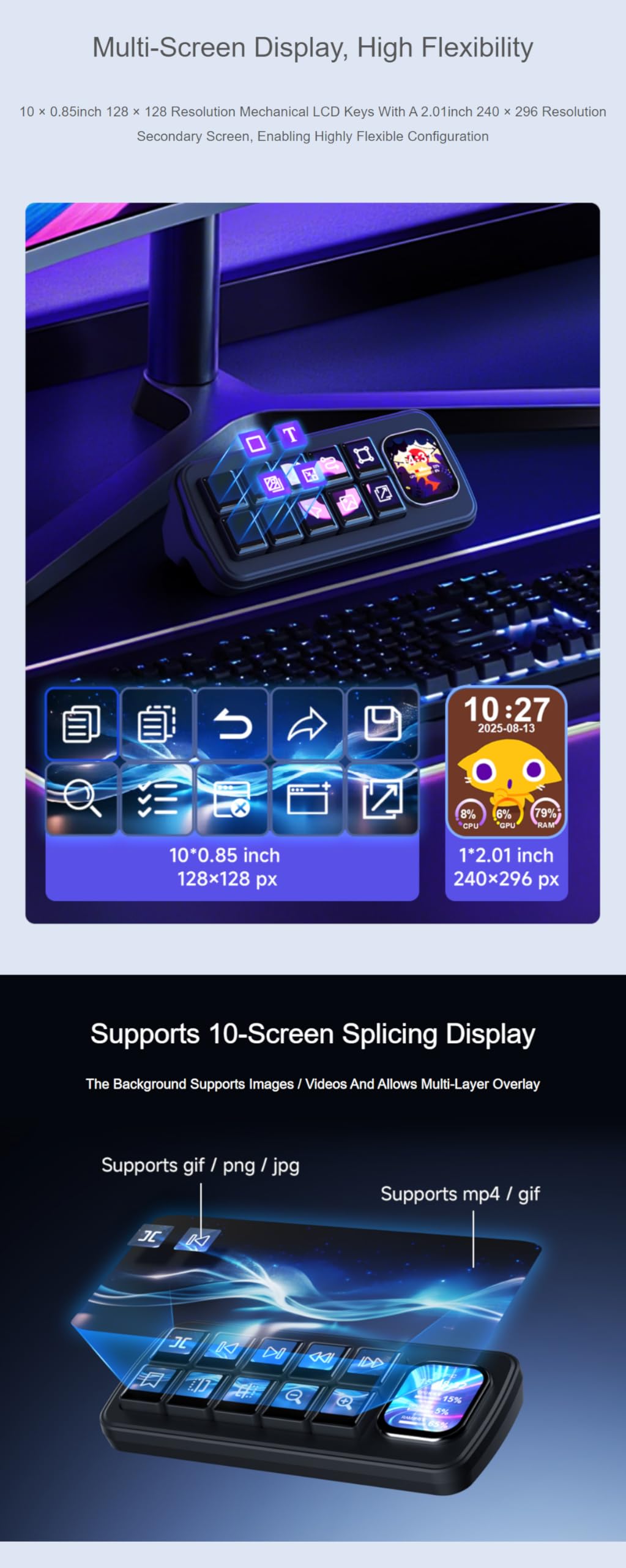 TUOPUONE MK10 Multifunktionales AI-Sprachsteuerpult, weiß, integriert, 10 × 2,2 cm mechanische LCD-Makro-Tasten und ein 5,1 cm sekundäres Bildschirm-Stream-Controller-Deck, Stream-Zubehör