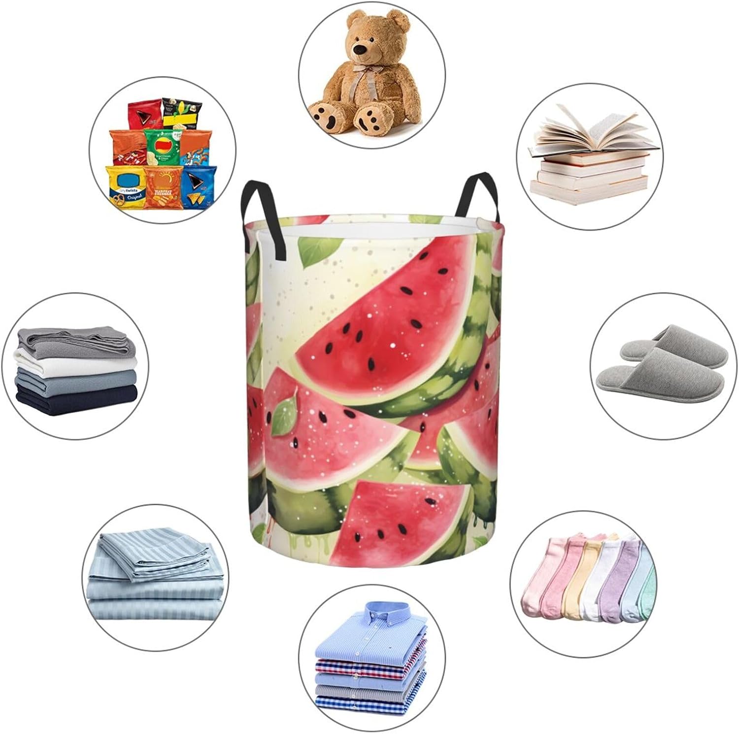 Watermelon fresh fruit Laundry Basket With Handles, Foldable Laundry Hamper Oxford Cloth Dirty Clothes Basket Waterproof Clothes Toys Storage Bin Organizer for Bedroom Bathroom Dorm