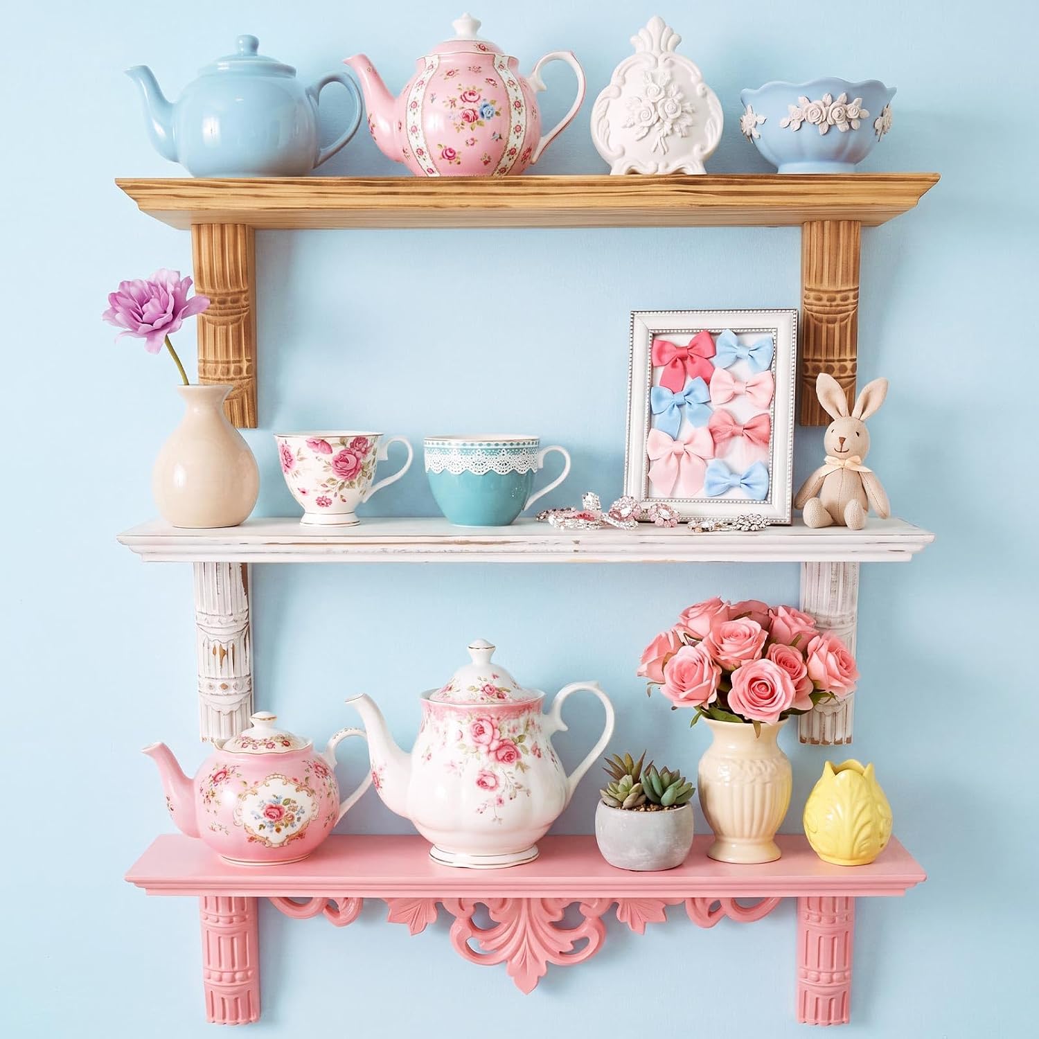 Pinkunn 3 Pcs Vintage Wood Floating Shelves for Wall, Pink Display Ledge with Ornate Decorative Brackets, 3 Tier 15.75 Inch Wall Shelf, Suitable for Bedrooms, Kitchens, and Living Rooms