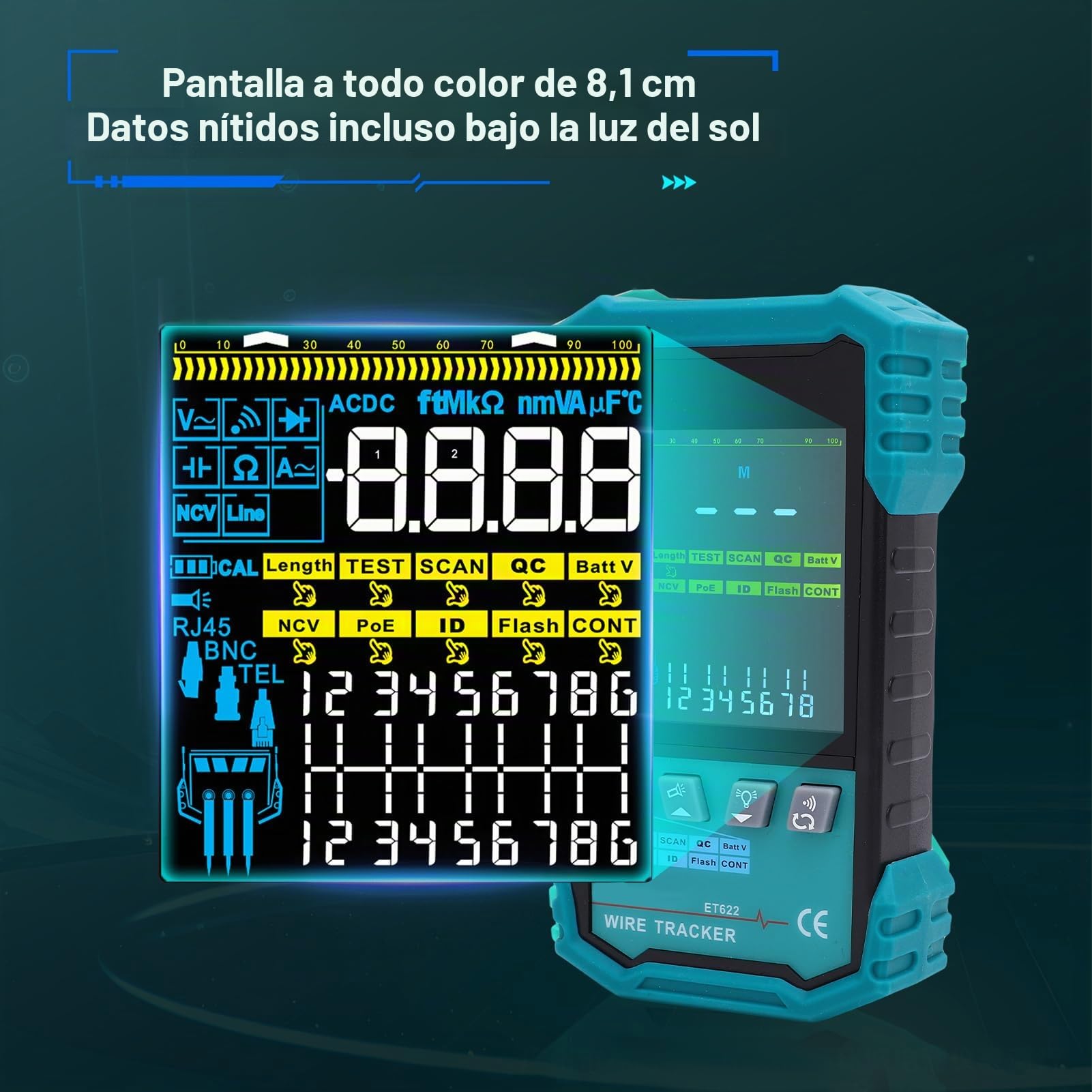 Probador de cables de red con detección de voltaje POE, rastreador de cables, medición de longitud RJ45 (400 m), prueba de continuidad de cables, indicador de puerto intermitente, kit de prueba LAN