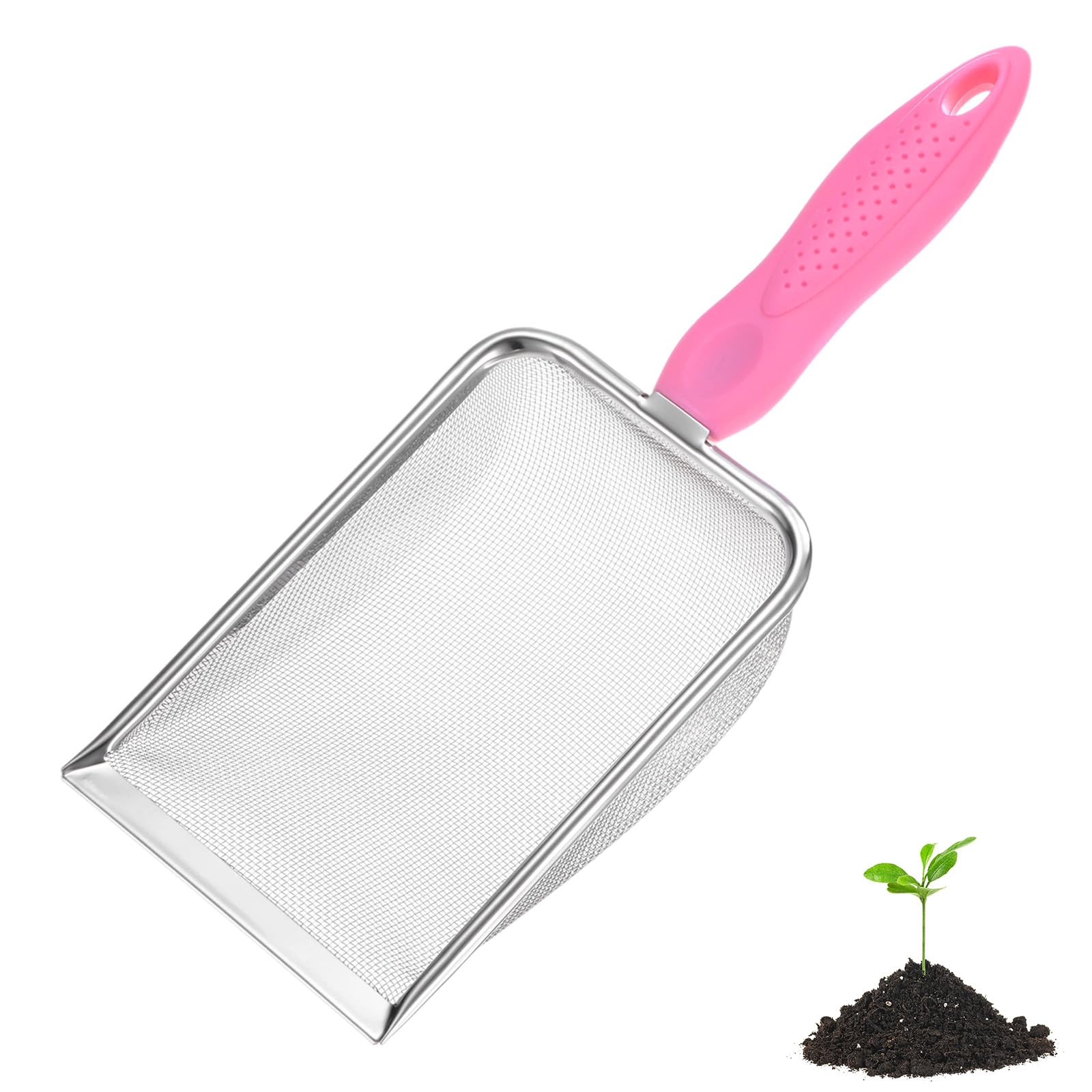 M METERXITY 1-Pack Gardening Soil Sifter, 1 mm Mesh Stainless Steel Portable Gardening Sifter with Non-Slip Handle for Sand/Dirt/Rock/Compost [White, Pink]