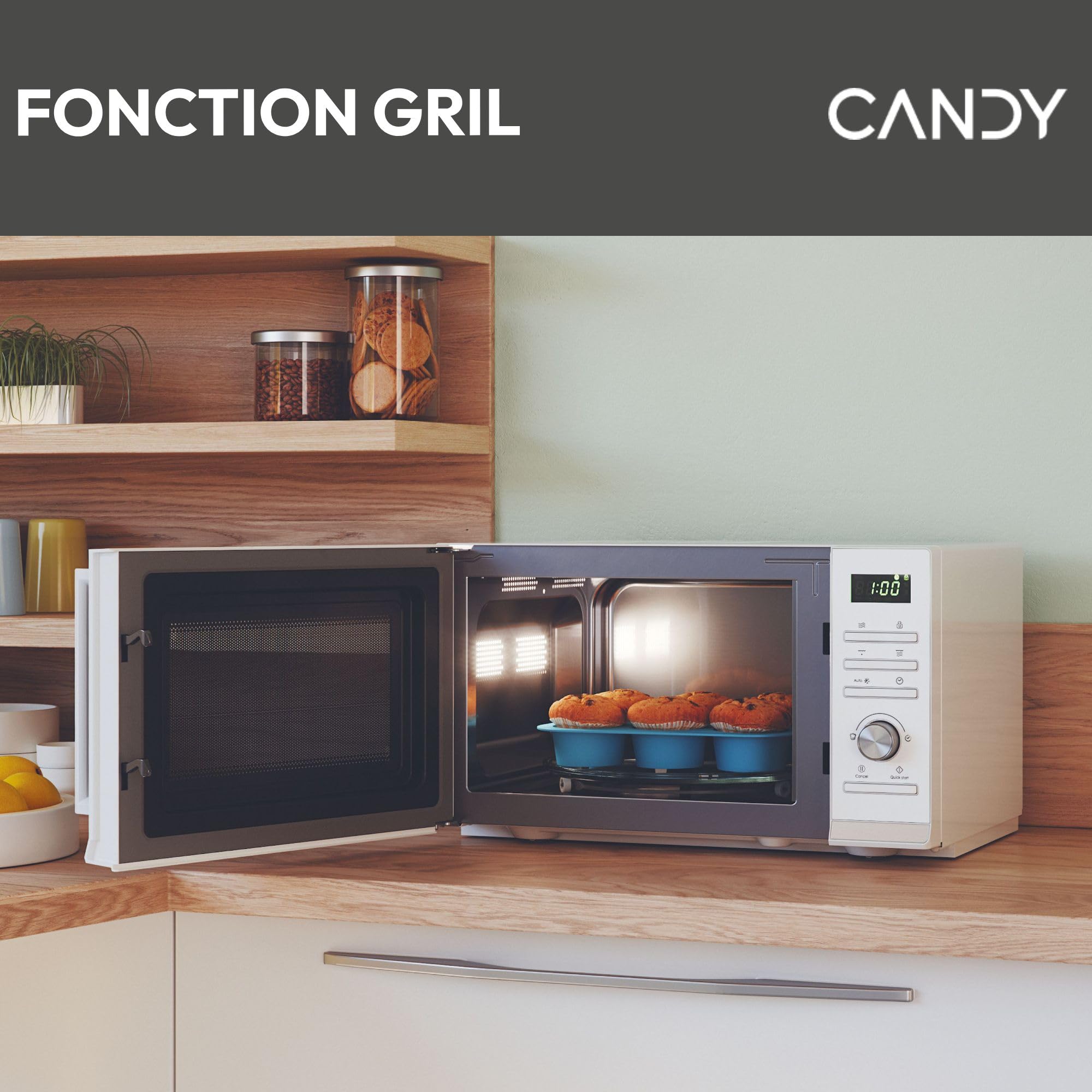 Candy Moderna CMGA23TNDW Four Micro-ondes Gril 900W 23L Digital, Fonction Décongélation, Plateau Tournant, 11 Niveaux de Puissance,19 Menus Auto, Grille Métal, Cuisson Express, Sécurité Enfant,Blanc