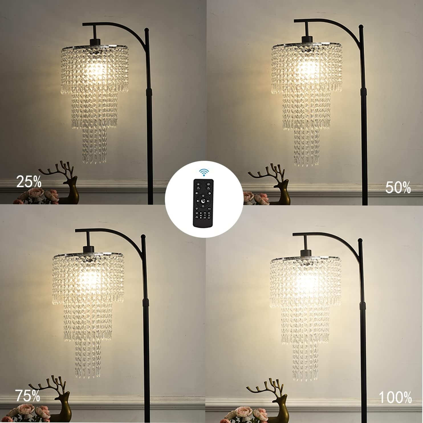 Arc Floor Lamp for Living Room Modern Floor Lamp with Remote Control,Dimmable Crystal Floor Lamps Black Standing Lamp with 10 Color Temperature Tall Chandelier Floor Lamps for Bedroom Corner
