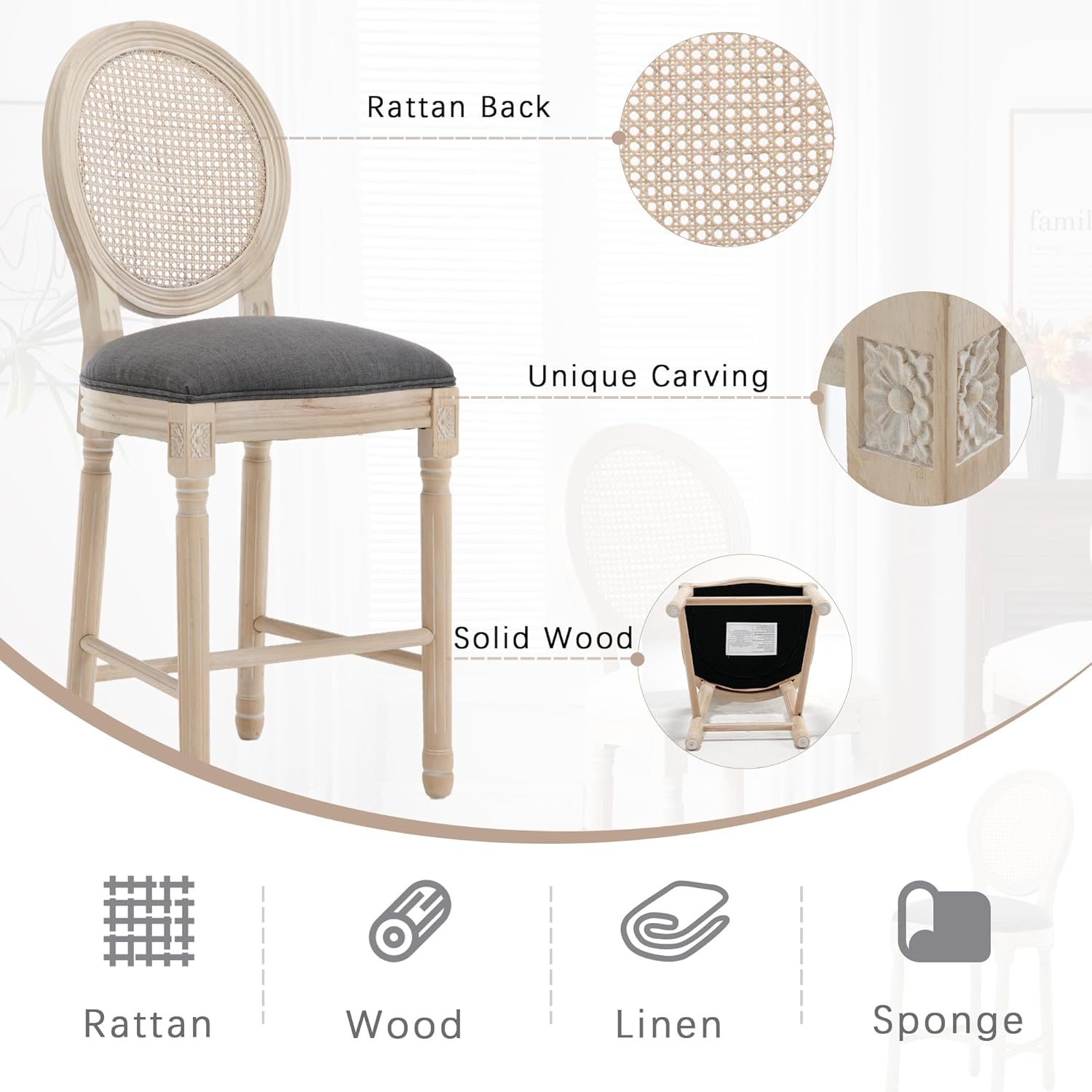 Counter Height Bar stools Set of 2, French Country Barstools with Rattan Back, 26” Solid Wood Linen Upholstered Bar Chairs for Kitchen, Dining Room, Dark Grey