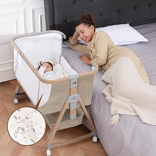 Miniatura 9 de Cuna para bebé junto a la cama - Cunas 3 en 1 con sábanas impermeables, colchón suave y malla transpirable, cuna junto a la cama ajustable en altura