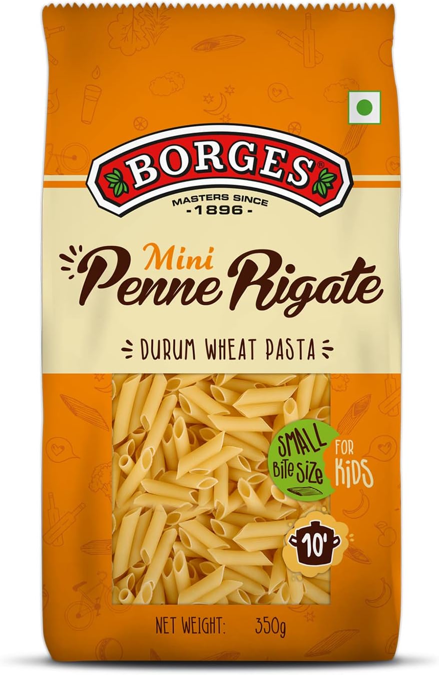 Borges Mini Penne Rigate Durum Wheat Pasta, Ideal Bite Size for Kids, Cooked in 10 minutes, 100% Durum Wheat Semolina - 350grams