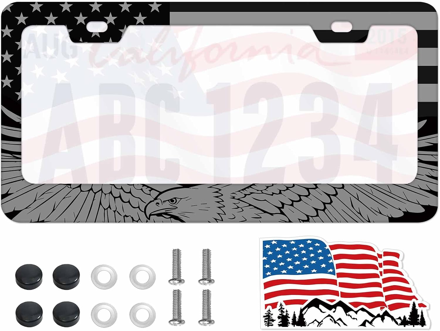 1Pcs Bigfoot & American Flag License Plate Frame - USA Patriotic Metal Car Tag Holder with Flag Sticker, Universal Fit