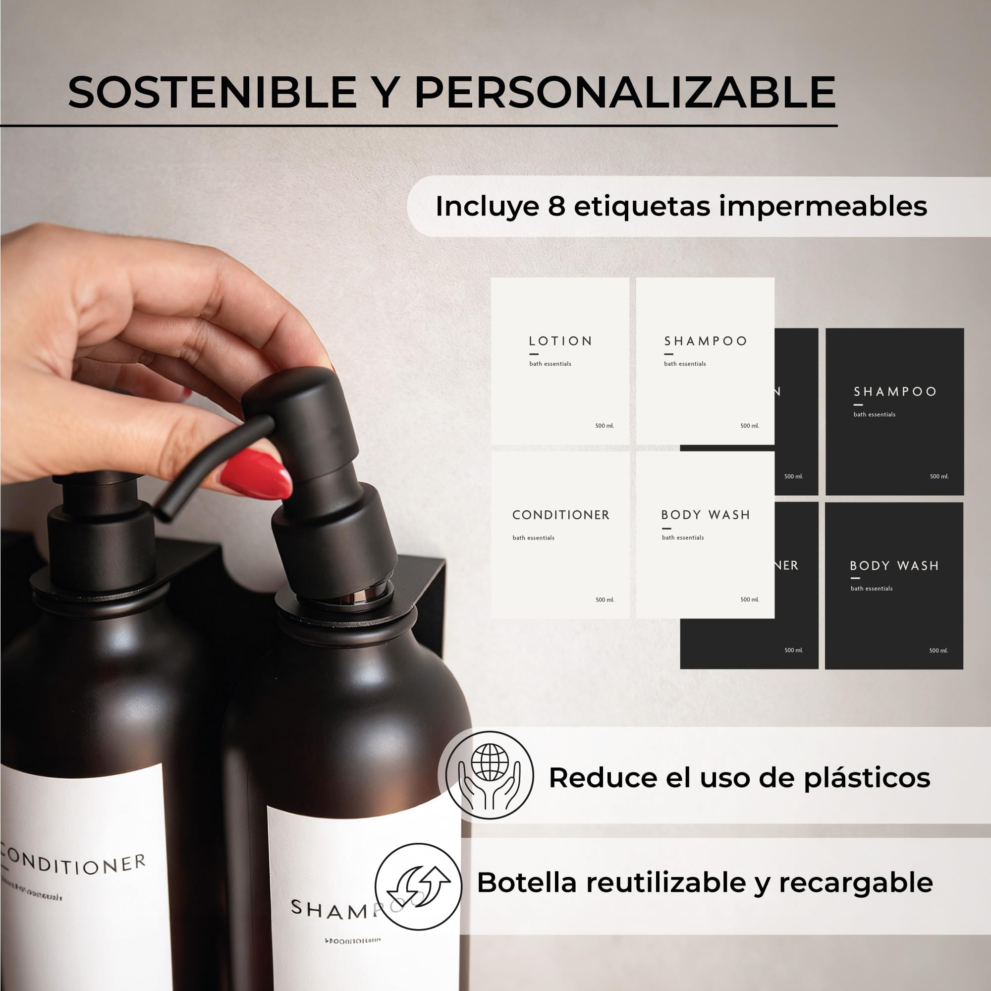MILUKA Dispensador Jabón Pared con 3 Dosificadores 500 ml - Sin Taladro