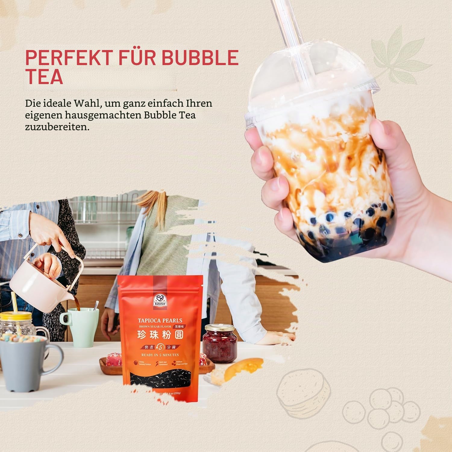 52USA Boba Tapioka Perle, schwarzer Zuckergeschmack, frische Bubble Tea Perle, 250 g, schwarze Tapioka-Perle für Bubble Tea, fertig in 5 Minuten (1 Stück)