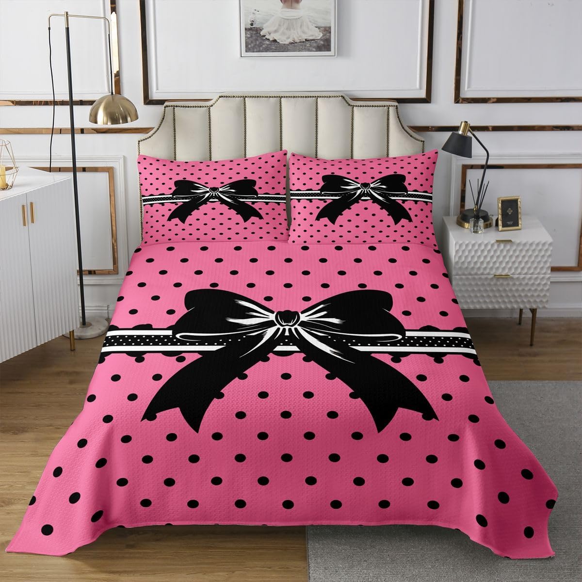 jejeloiu Cartoon Bowknot Bedspread 3 Pieces King Size Polka Dots Coverlet Set Soft Cozy Pink Black Lightweight Quilted Coverlet for All Season with 2 Pillowcases Princess