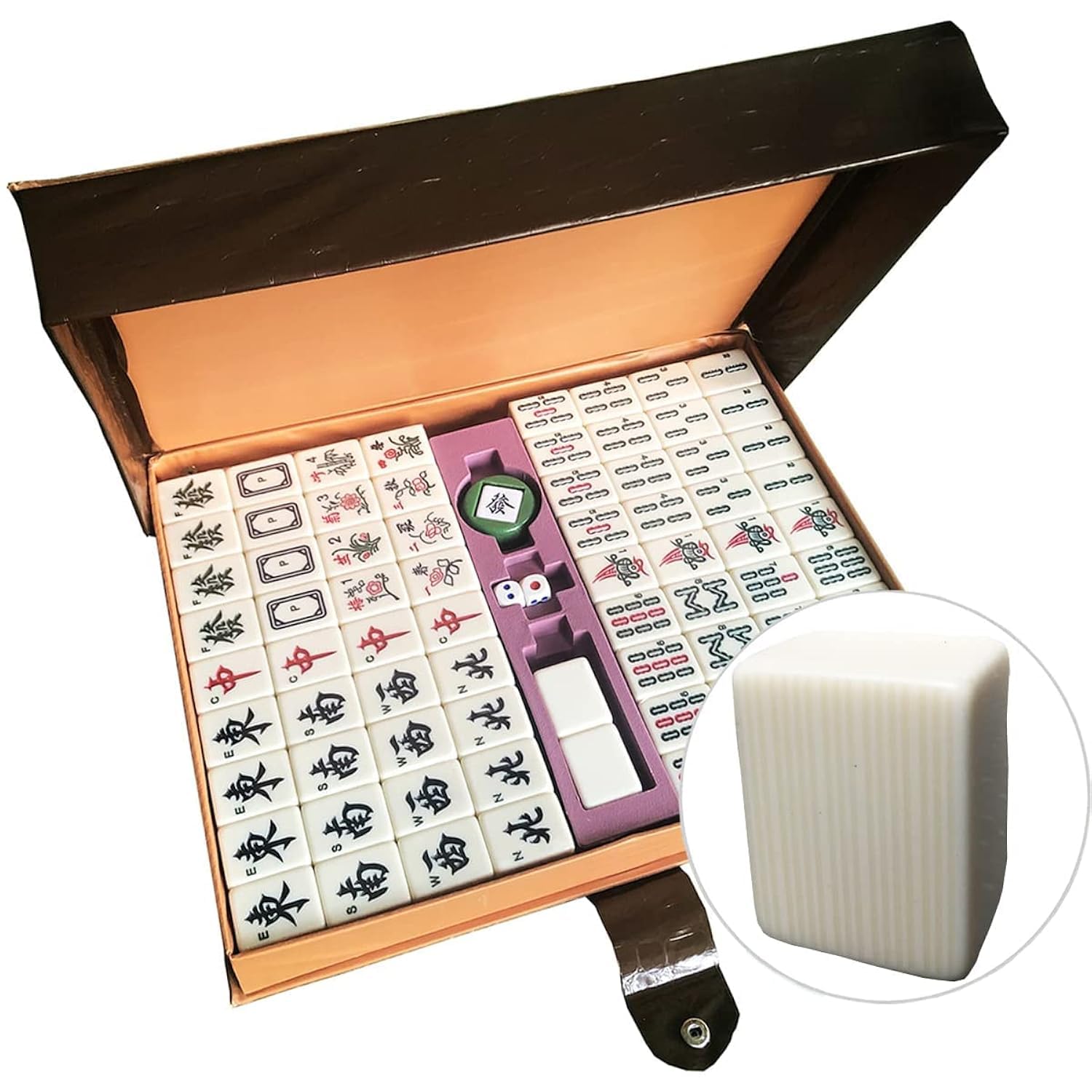 Chinese Mahjong Game Set with Carrying Travel Case,146 Tiles with Arabic Numerals,2 Dice 1 Wind Indicator,Mahjong Set (Large)