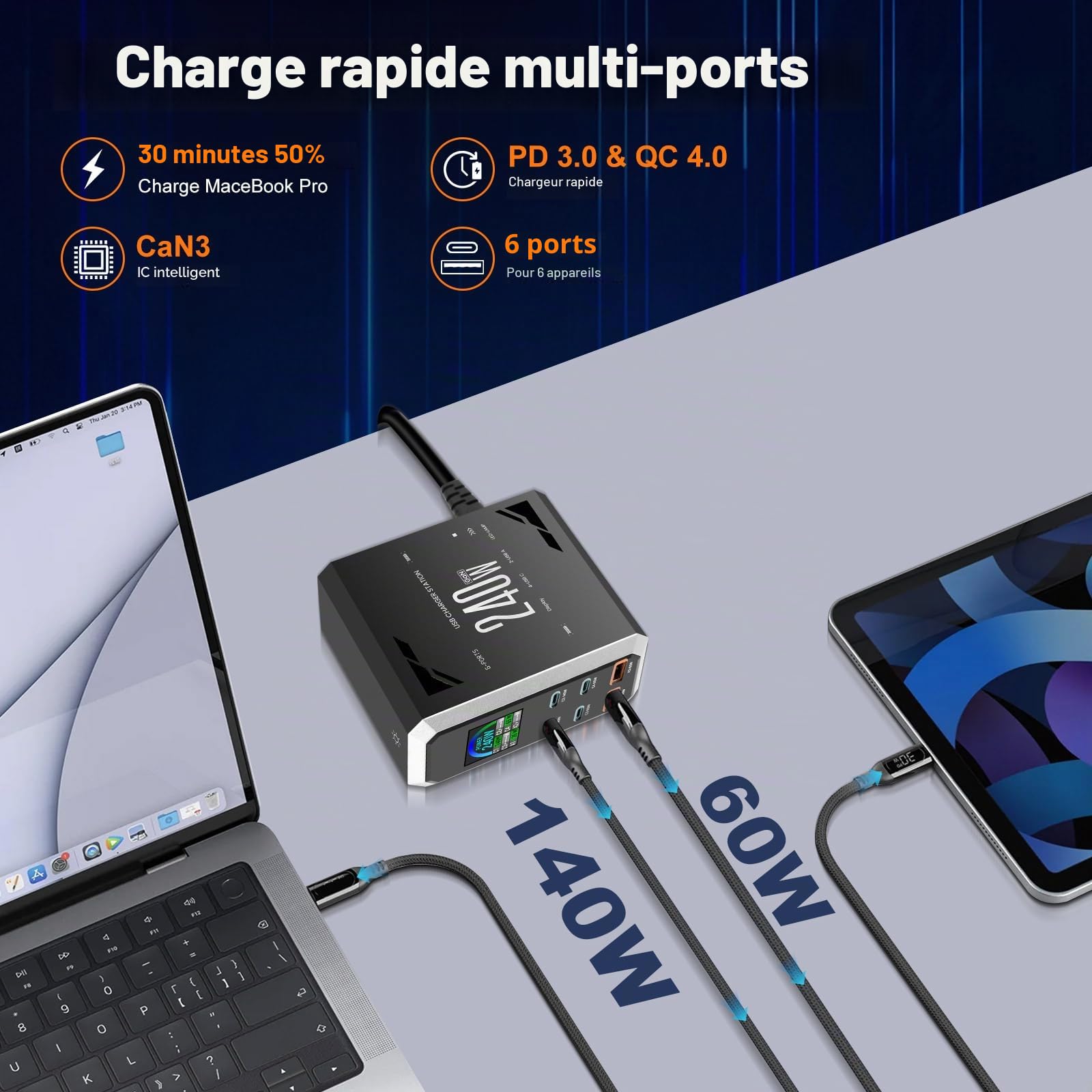 Chargeur USB C 240W Multiport, Station de Charge Rapide à 6 Ports avec 4 USB C + 2 USB A pour MacBook Pro/Air, iPad/iPhone 15 Pro/Samsung, etc
