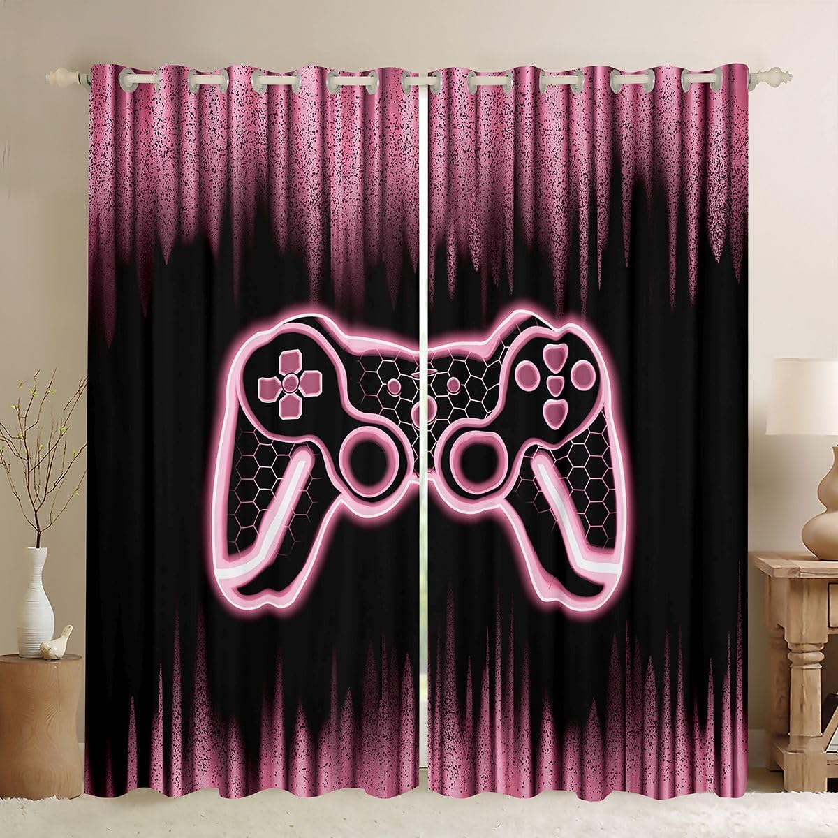 Feelyou Gamer Curtains for Bedroom Living Room (2 Panels, 52 x 63 Inch) Kids Game Controller Blackout Curtains Boys Teens Pink Black Darkening Drapes Gaming Window Treatments