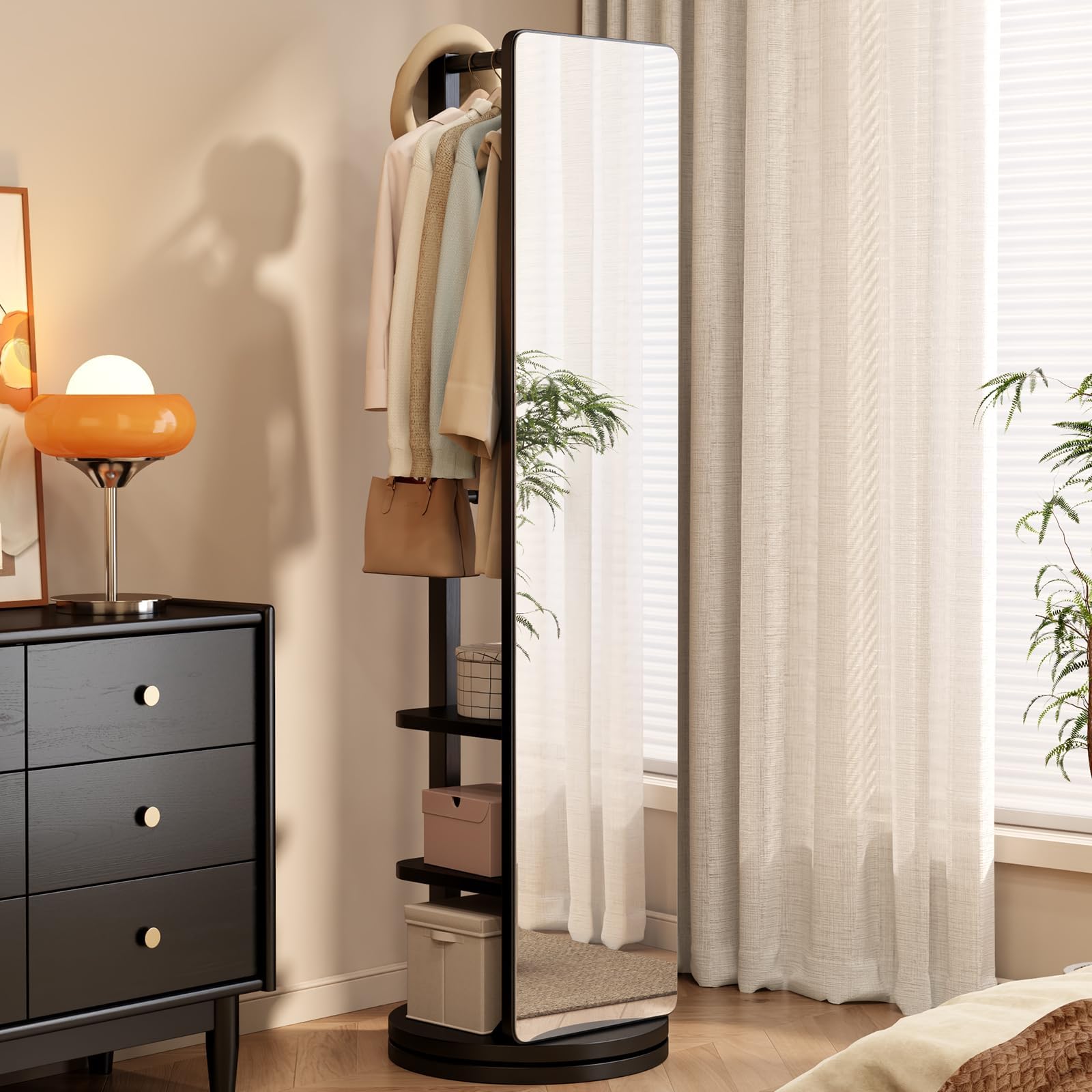 Full Length Solid Wood Floor Mirror with Coat Rack - 66"x12" Full Body Mirror for Bedroom & Living Room