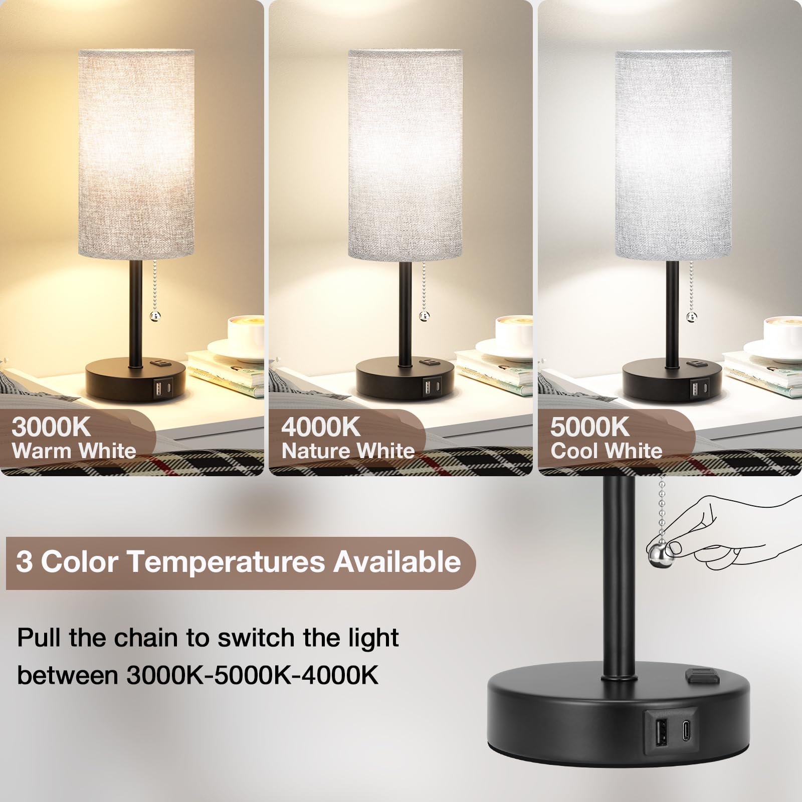 Nachttischlampe für Schlafzimmer, Nachttisch, hohe Tischlampe mit USB-A + C-Ladeanschluss und AC-Steckdose, 3 Farbtemperaturen, Zugkette, Beistelltisch, Leselampe für Wohnzimmer, 44 cm, Grau