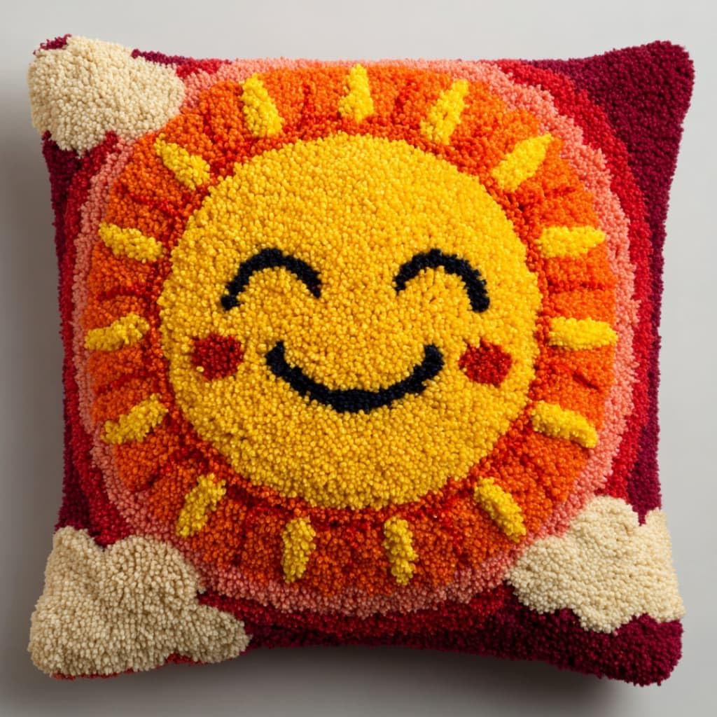 WallustrioaW Latch Hook Pillow Kit -Smiling Sun Embroidery Art Craft Kit - All Ages - Unisex - 43X43Cm