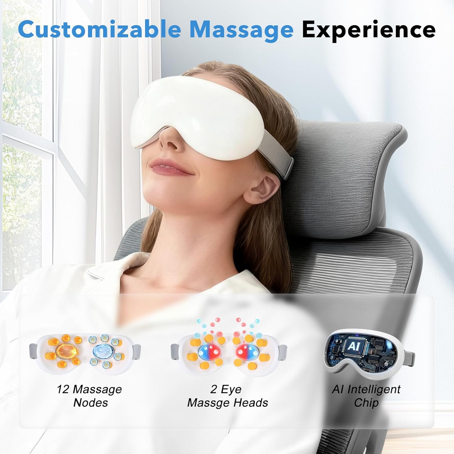 Eye Massager with Heat and Cooling for Migraines – 14 Massage Nodes for Eye Strain Relief, Rechargeable Bluetooth Music, Improve Sleep,Eye Strain Relief, Birthday Gifts for Women and Men(White)