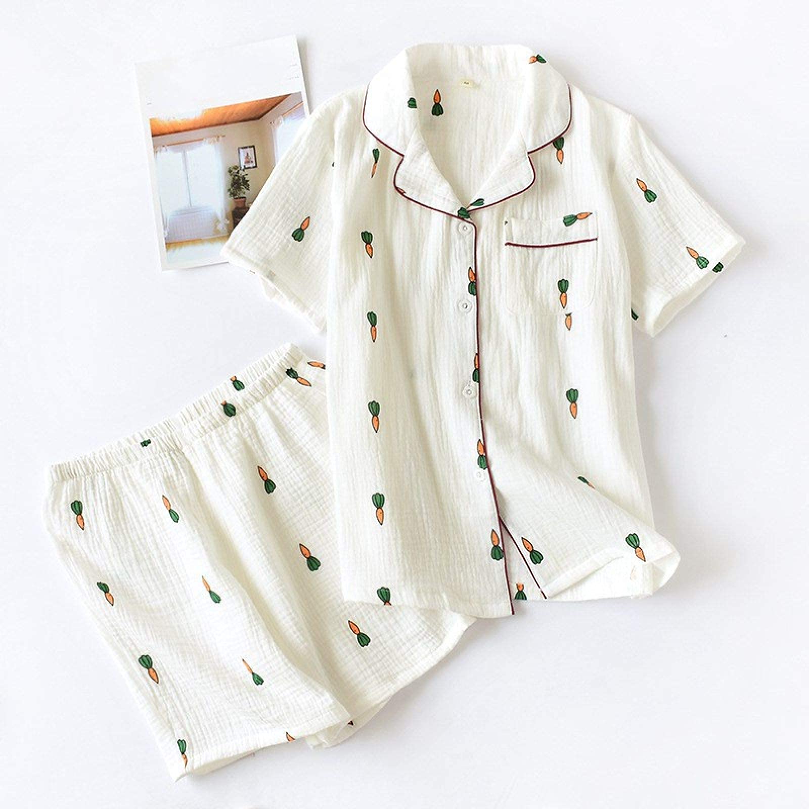 MU Damen Pyjamas, Frauen Farbe Pyjamas Mit Shorts Cotton Carrot Print-Muster Kurzarm Anzughose Und T-Shirt Frauen Nachtwäsche Lingerie Cozy Unterwäsche,Weiß,Xl.