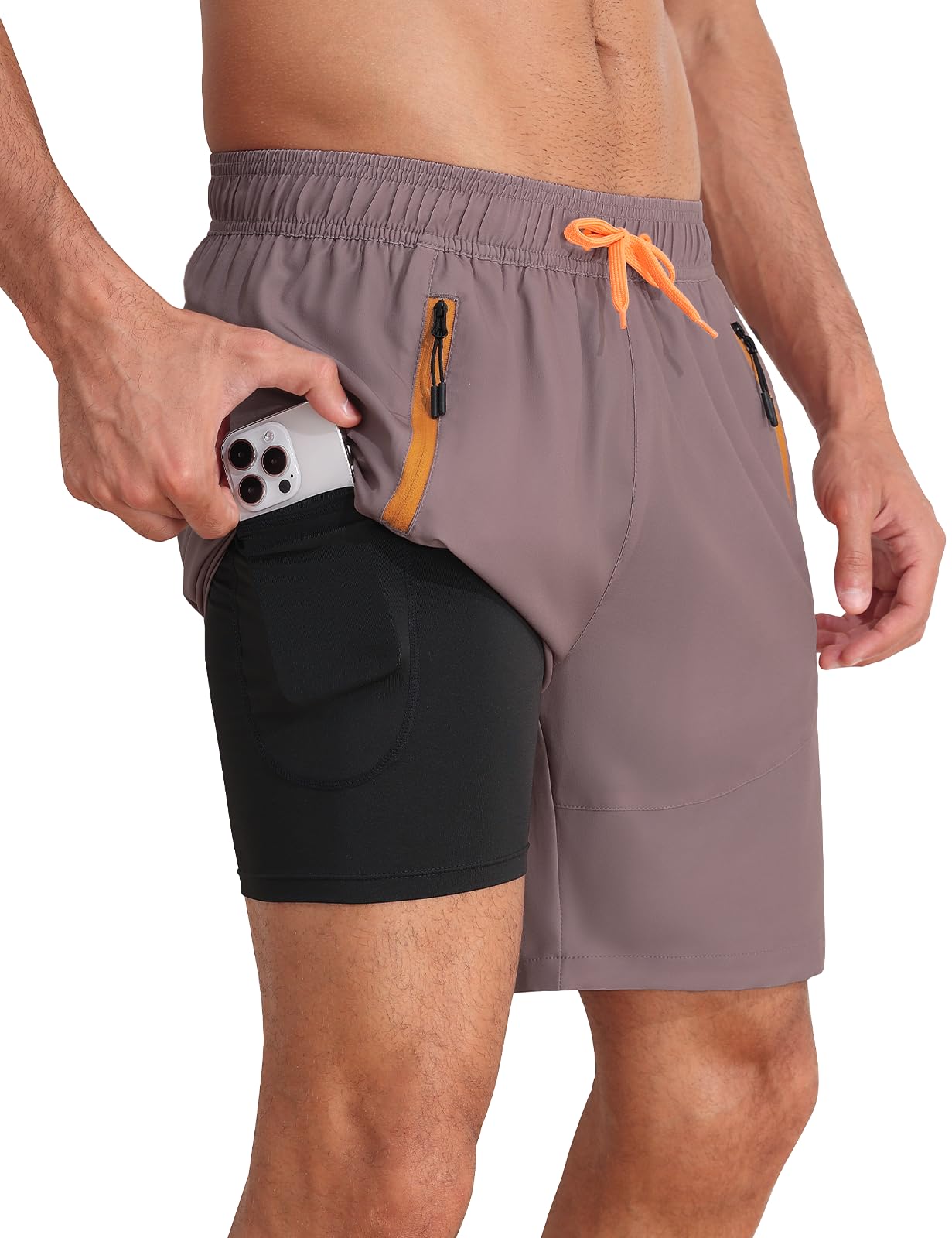 Nonwe Mens Swimming Trunks with Compression Liner 2 in 1 Stretchy Board Shorts with Zipper Pockets