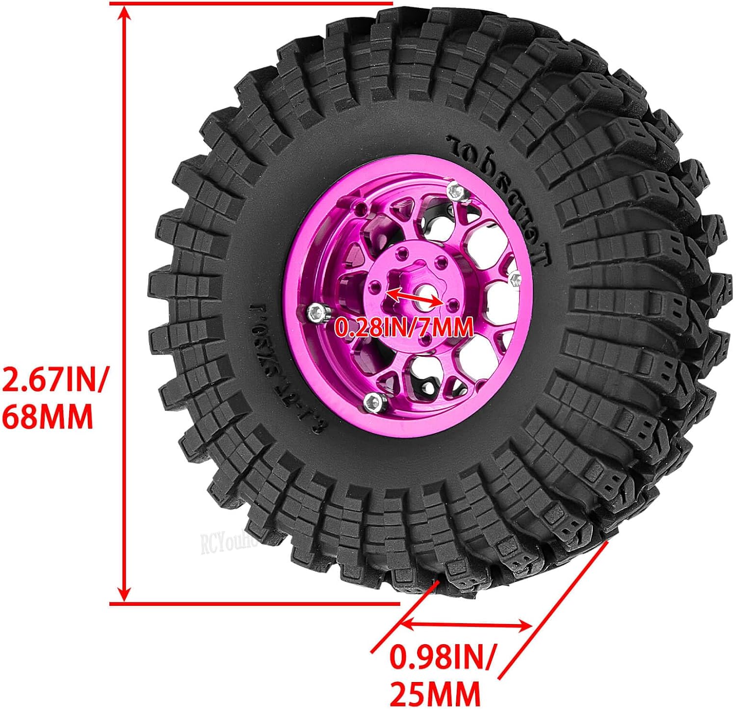 RC 1.3 Beadlock Wheel Tires Set (4PCS) for 1/24 SCX24 1/18 TRX4M RC Crawler Car,Aluminum 1.3 Beadlock Wheels and Tires,Wheel Rim,Pink