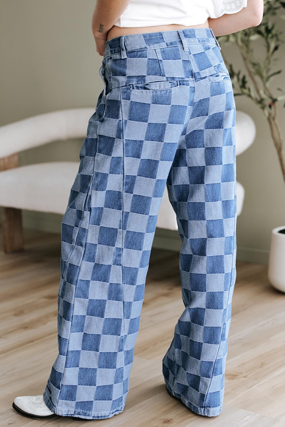 Womens Plaid Print Baggy Wide Leg Jeans High Waisted Straight Leg Denim Pants Chessboard Pattern Jeans - Image 3