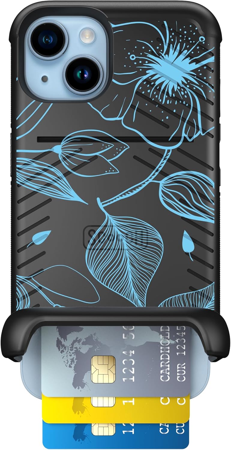 Scooch for iPhone 14 Case with Card Holder, Wingmate Wallet Case with Hidden Card Slot and RFID Protection, Holds 3 to 4 Cards, 10-Foot Drop Protection, Blue Hibiscus