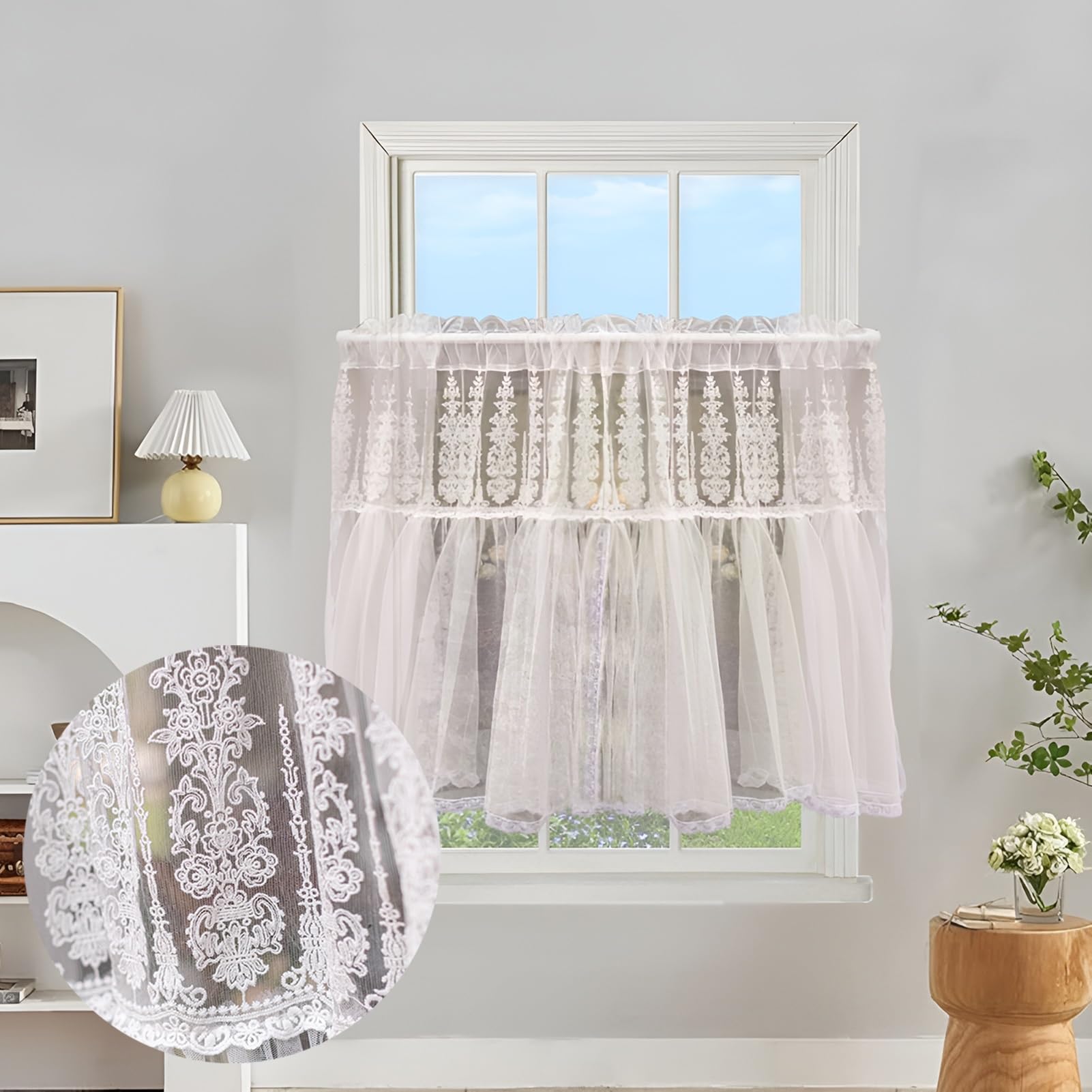 Tendine Corte a Motivo Floreale Bianco, Mezza Tenda in Pizzo per Camera da Letto Cucina, 1 Pezzi(W: 150 X L:100CM/59X39IN)