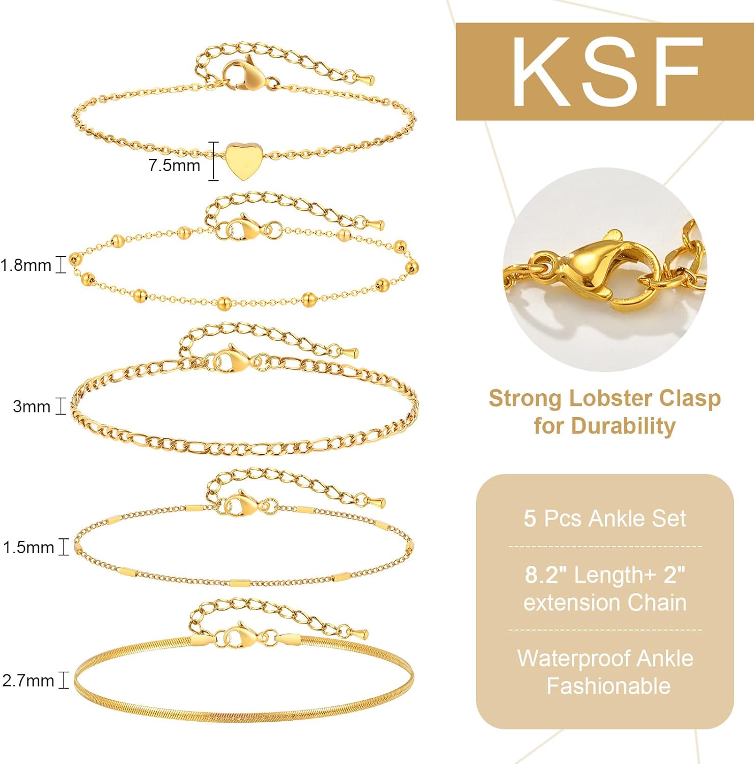 KSF Gold Anklets for Women Waterproof - 18k Gold Plated Ankle Bracelets for Women, 5PCS Anklet Set Cuban Herringbone Figaro Link Chain Anklets for Women Summer Beach Jewelry Gift Adjustable Size - Image 6