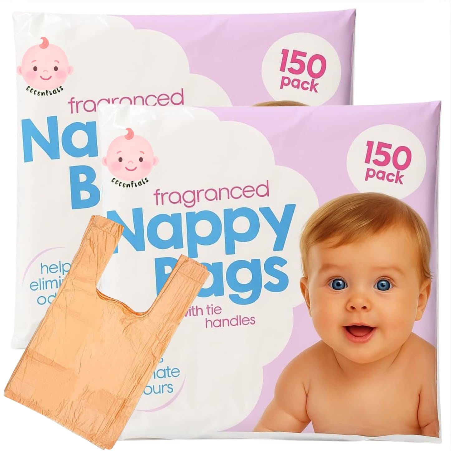 Fragranced Nappy Disposable Bags 2 x 150 pcs with Tie Handle | Antibacterial Nappy Sacks | Leakproof Bags | Essentials for Newborn and Young Babies | Travel or Home Use