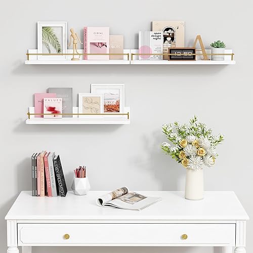 Miniatura 6 de Forbena Juego de 3 estantes flotantes dorados para decoración de pared, estantes de baño sobre el inodoro, estante de pared moderno con riel