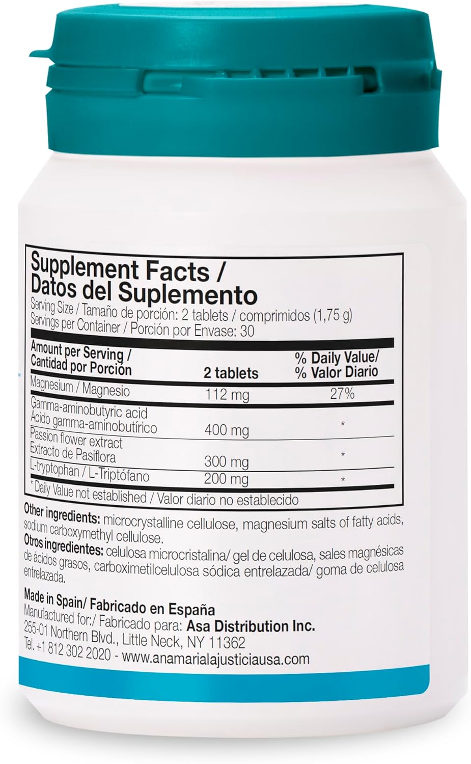Ana María Lajusticia Tryptophan with GABA and Passion Flower & Magnesium - Kosher - Halal - Vegan - Gluten Free - Supports Nervous System