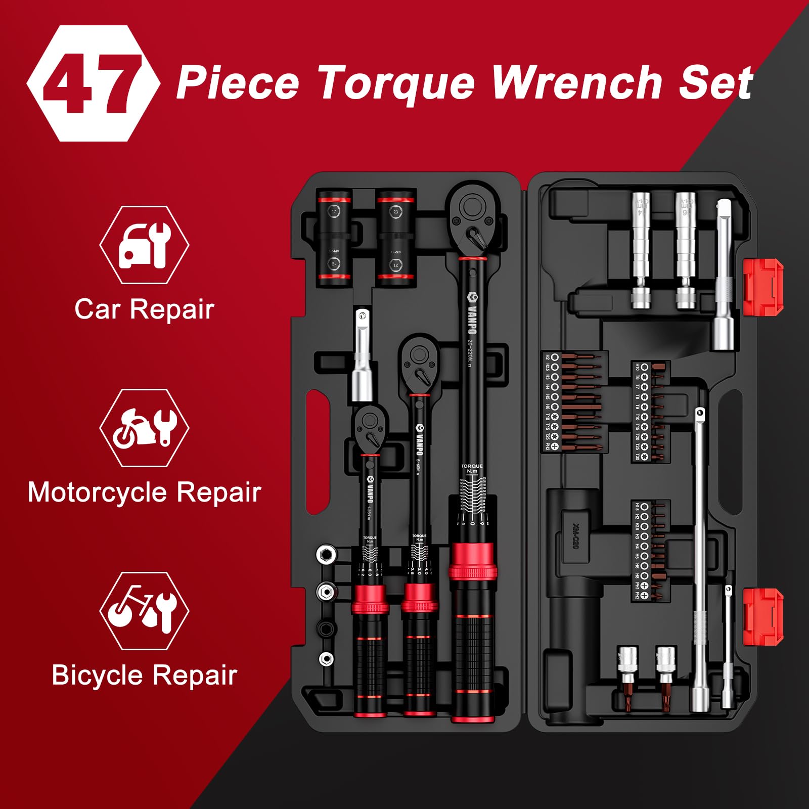 Chiave Dinamometrica 3/8 5-50Nm Con Kit 26 Pezzi | Manutenzione Bici E Moto | Include Prese, Esagoni E Adattatore Per Candele