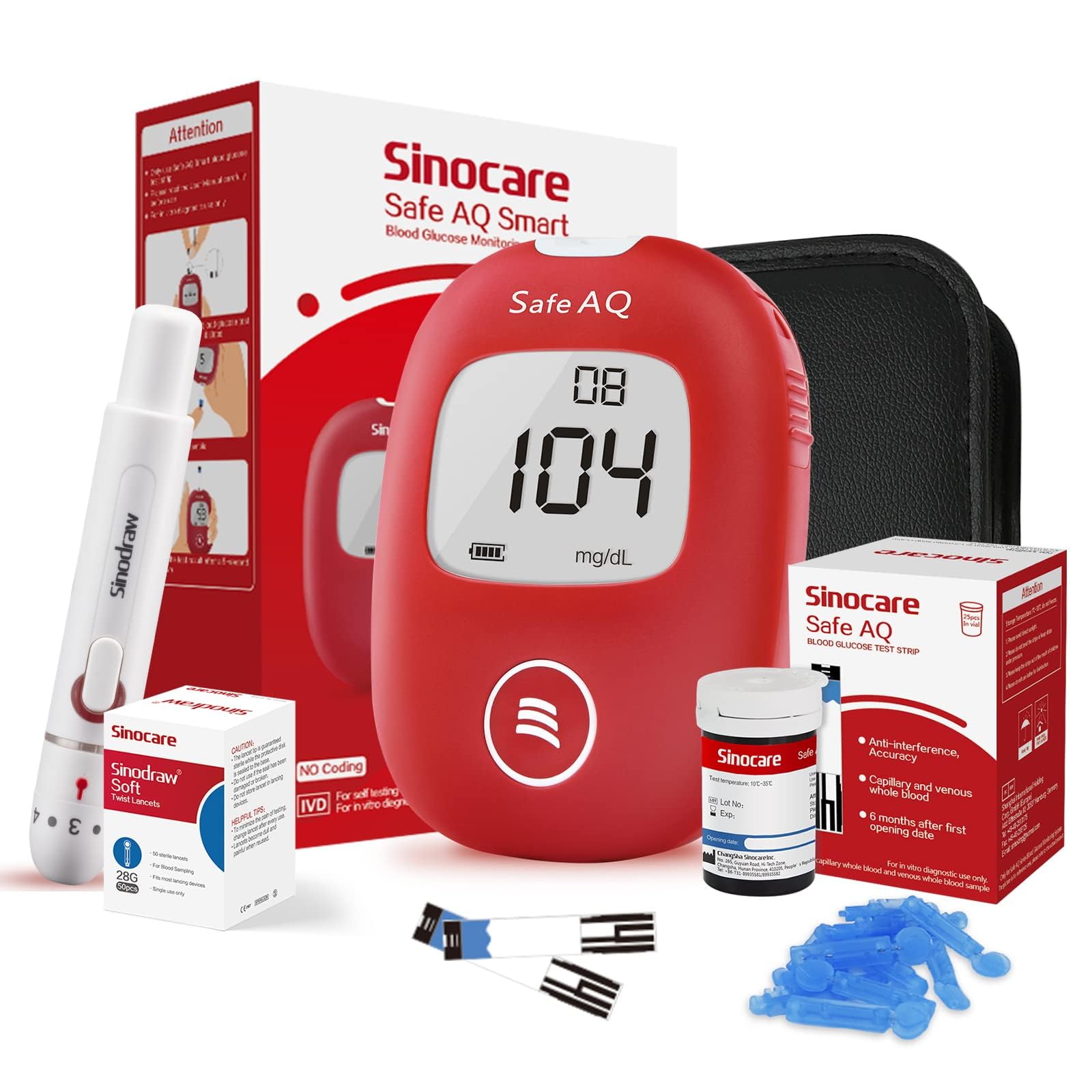 Sinocare Glucómetro, Medidor Glucosa en Sangre, 25 x Tiras de Prueba y Dispositivo de Punción - mg/dL (Safe AQ Smart) Certificado ClimatePartner