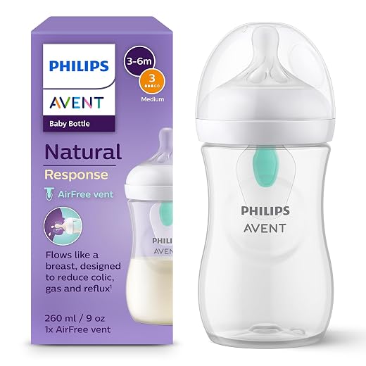 Philips Avent Biberón Natural Response: biberón de 260 ml con sistema AirFree, sin BPA, para recién nacidos a partir de 1 mes (modelo SCY673/01)