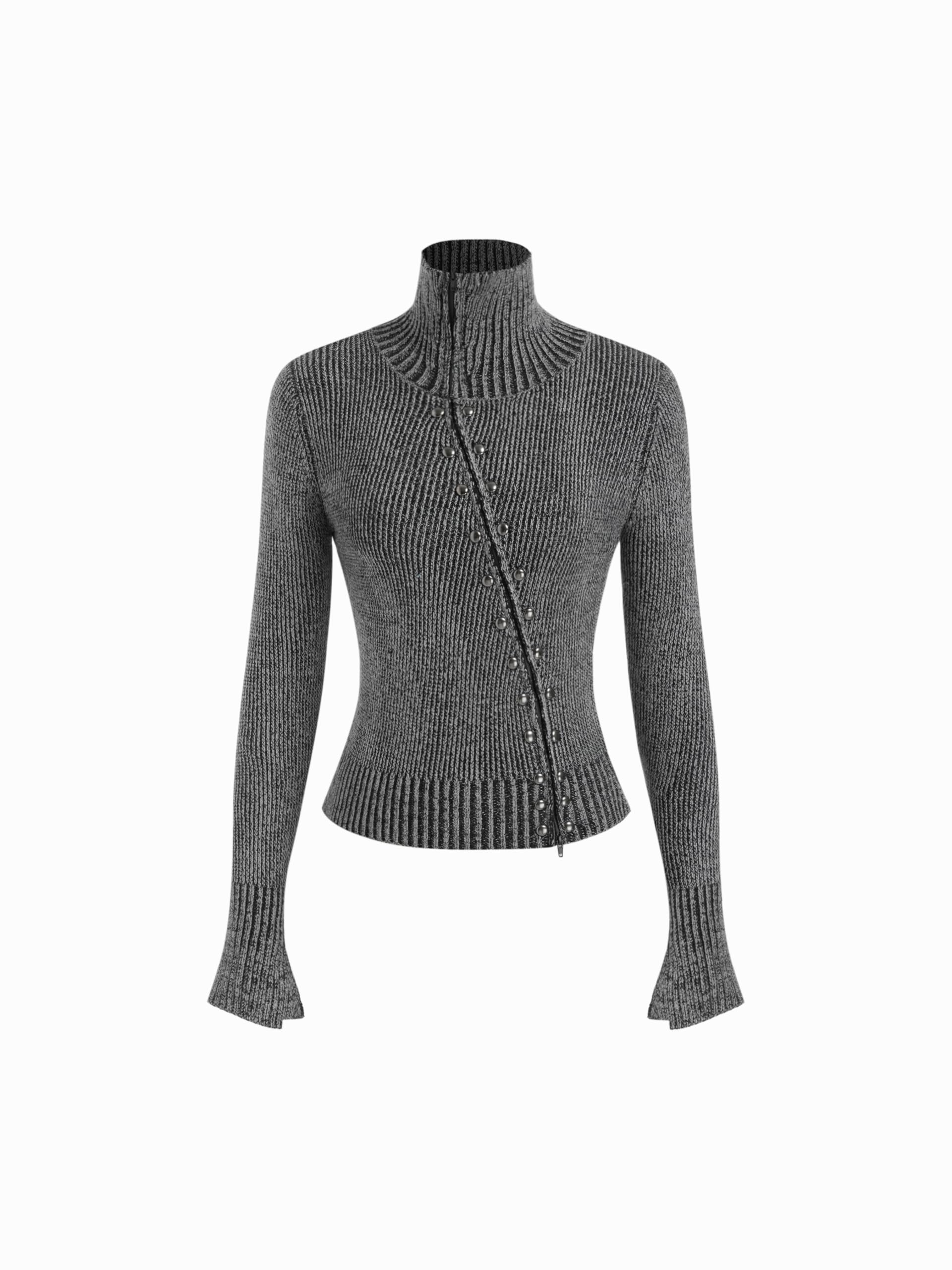 CIDER Zipper Cardigan Cropped Sweaters for Women Stand Collar Rivet Turtleneck Sweaters Split Sleeve Cardigans Trendy
