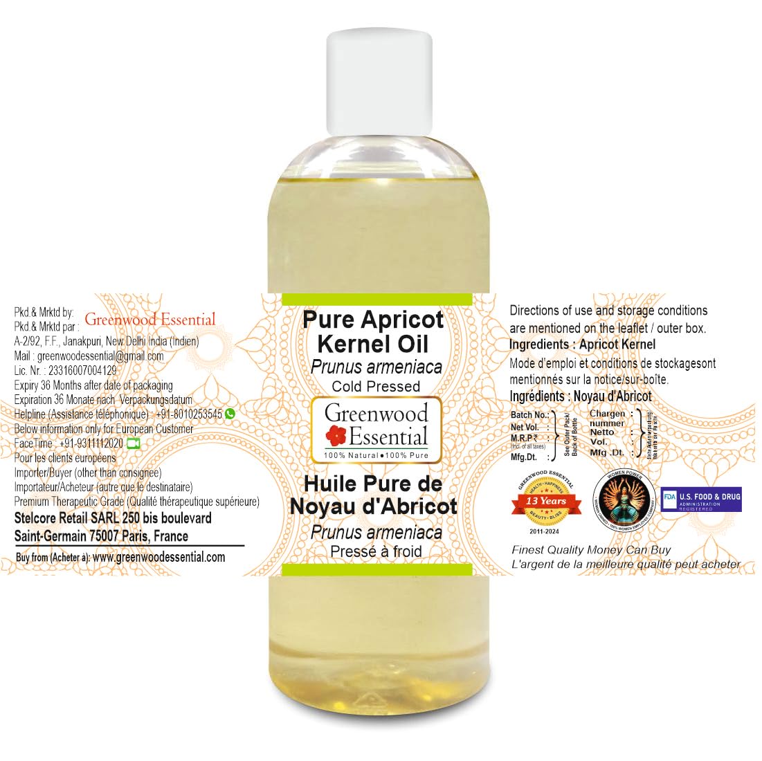 Greenwood Essential Pure Apricot Kernel Oil (Prunus armeniaca) Cold Pressed 200ml (6.76 oz)