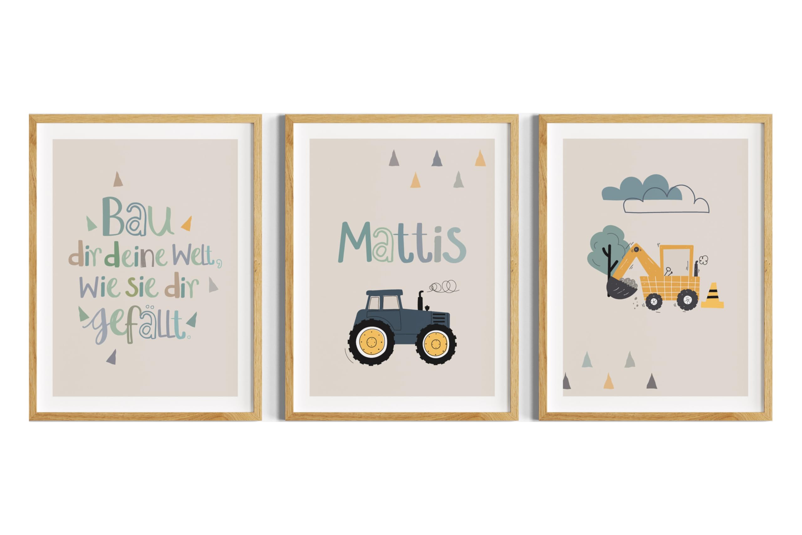 Generisch Kinderzimmer Bilder Junge, Wanddeko mit einem Traktor, Kinderspruch, Bagger als 3er Set ohne Rahmen (Beige, DIN A3 (29,7 × 42 cm))
