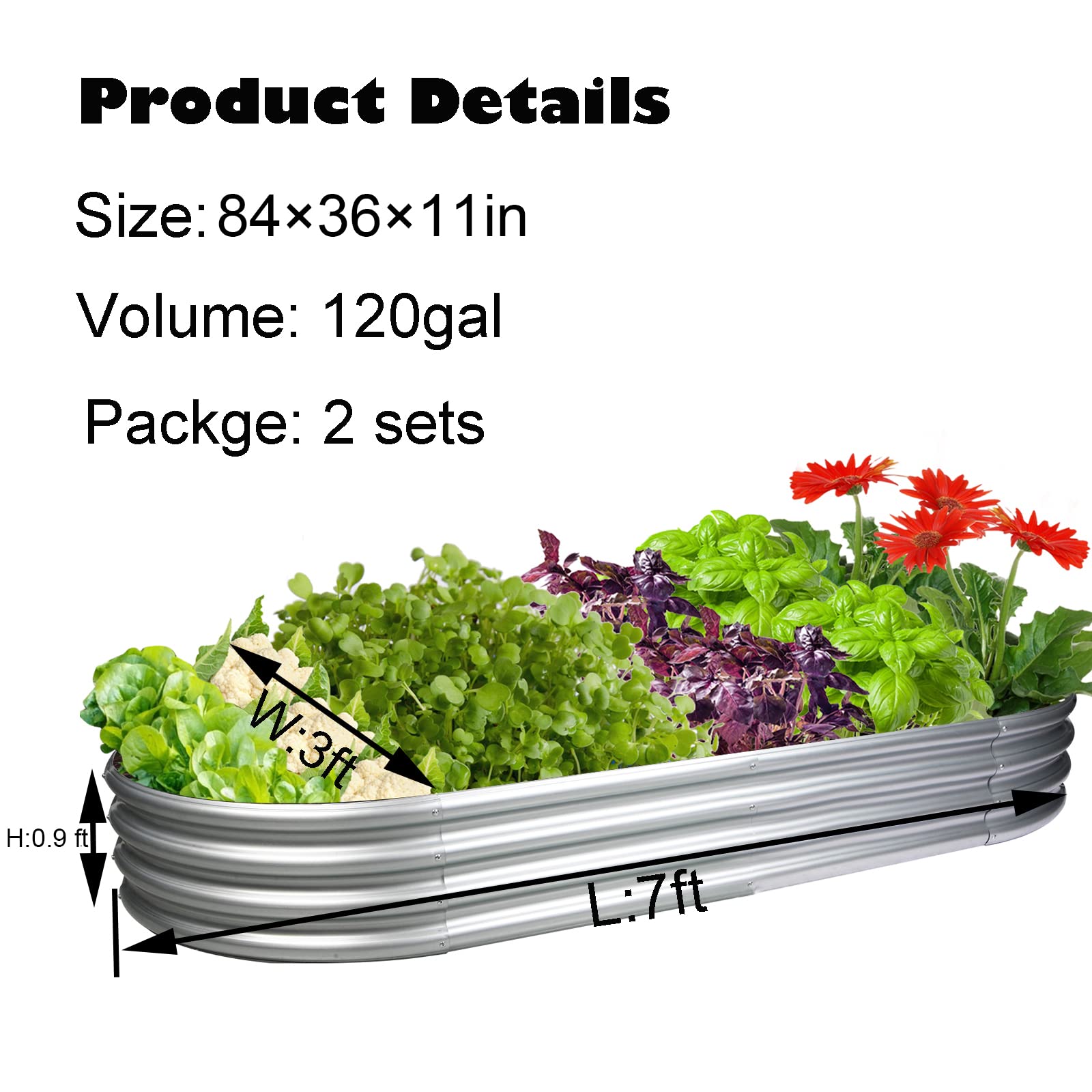2-Pack 7x3x1ft Large Metal Raised Garden Bed, Galvanized Outdoor Planter Box for Vegetables Flowers and Herbs, Heavy Duty Rectangular Raised Planter Bed Kit for Backyard Garden, Silver - 3