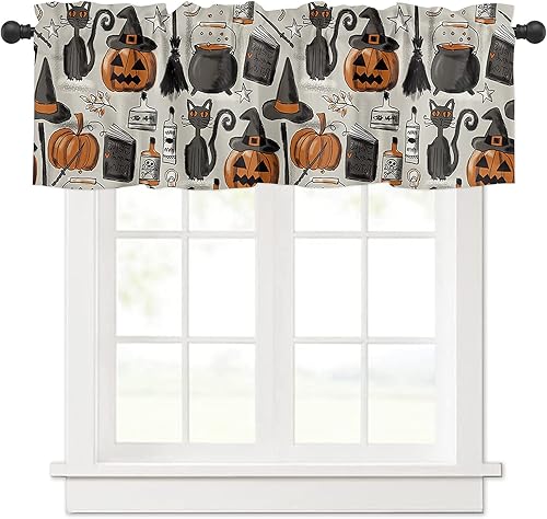 Cenefa de cortinas de Halloween para dormitorio, sala de estar, cenefa de calabaza con sombrero de bruja para ventana, cortinas y cortinas con