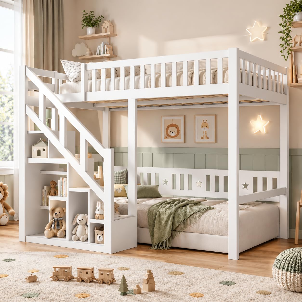 Cama infantil de 90 x 200 cm, litera de 90 x 200 cm, con escalera y armario de almacenamiento, cama funcional juvenil, cama doble con rejilla y protección anticaídas, madera maciza