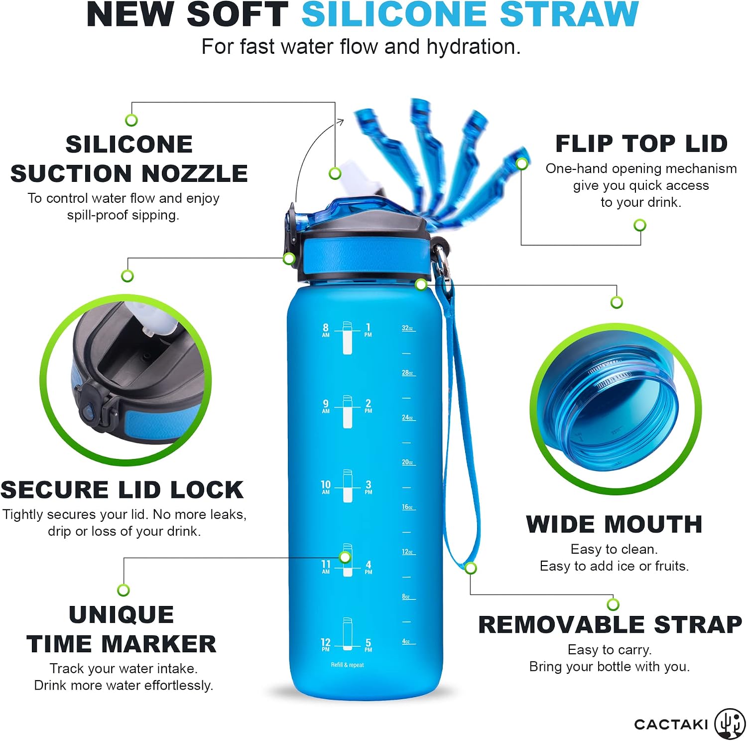 Cactaki 32 oz Water Drinking Bottle with Time Marker, Straw & Strap - Stay Hydrated - Hydration Tracker & Reminder to Drink - Daily & Hourly Measurement Markings - Leak Spill Proof & BPA Free - Blue