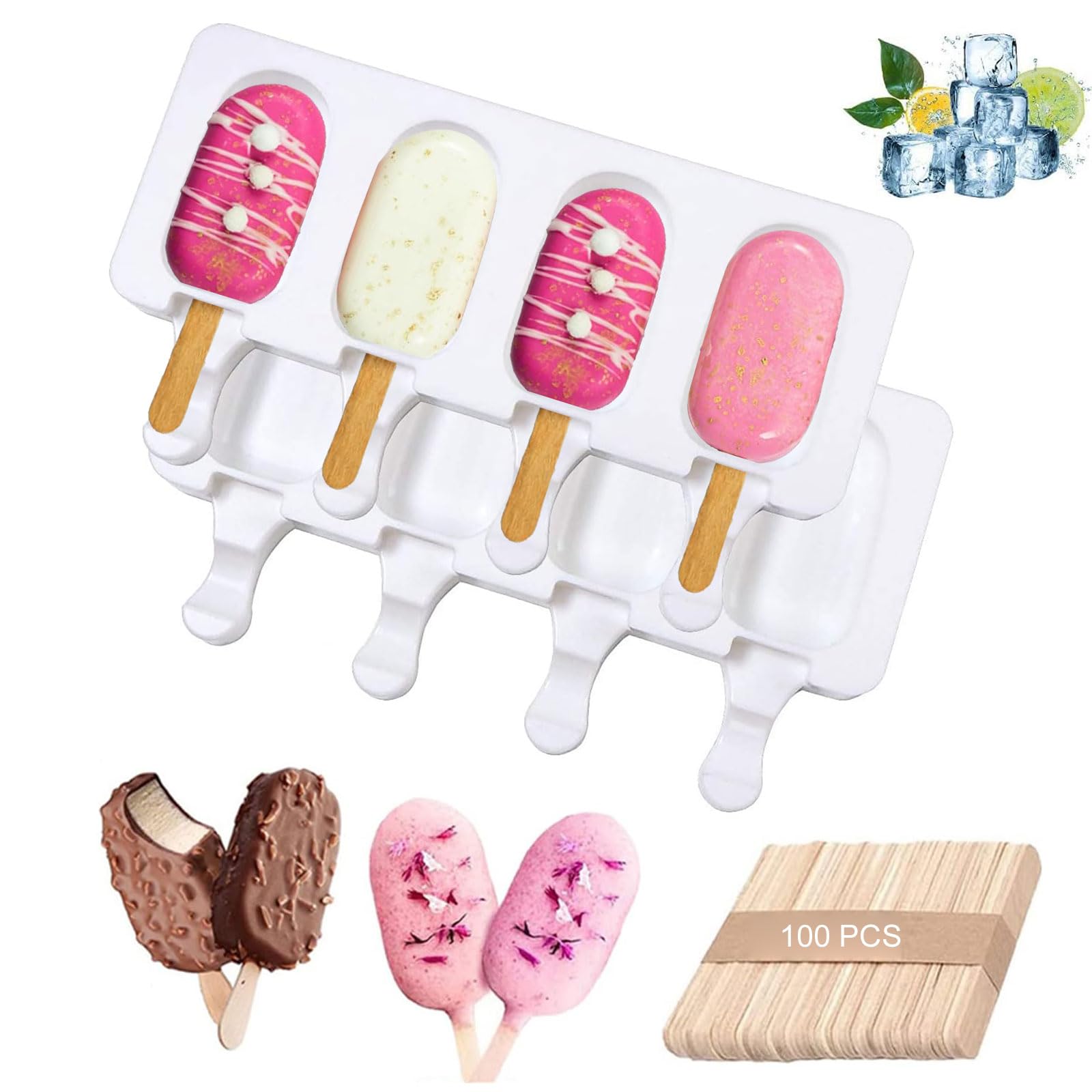Moldes de Helado,8 Pack Juego de Moldes para Polos, 2 Unidades Molde de Silicona para Helados de Chocolate, con 4 Cavidades y 100 Palos de Madera, sin BPA Helado DIY