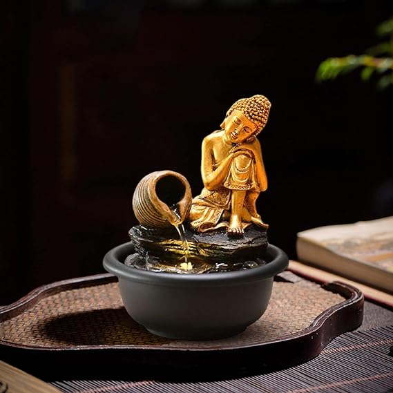 Gralara Small Tabletop Fountain Water Feature Feng Shui Ornaments for Living Room Office Home, Sleeping Buddha