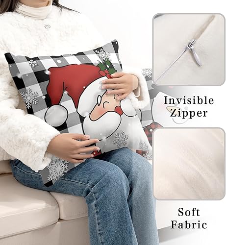 Miniatura 5 de Kwlegh Juego de 2 fundas de almohada de Navidad a cuadros en blanco y negro de 18 x 18 pulgadas, fundas de almohada de muñeco de nieve y Papá Noel,