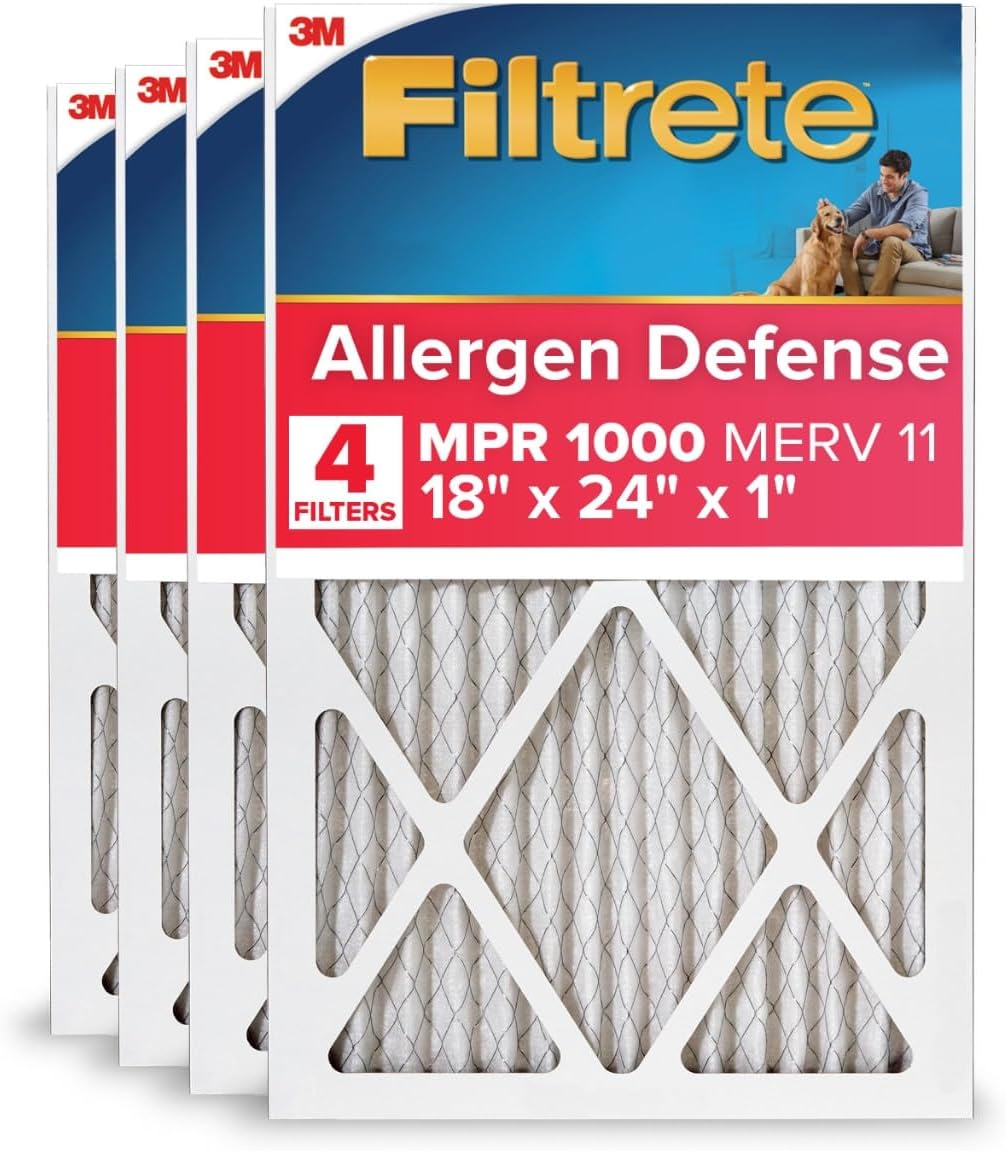 Filtrete 18x24x1 AC Furnace Air Filter, MERV 11, MPR 1000, Micro Allergen Defense, 3-Month Pleated 1-Inch Electrostatic Air Cleaning Filter, 4 Pack (Actual Size 17.81x23.81x0.81 in)