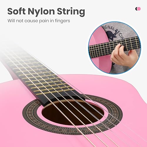 Miniatura 3 de Moukey Guitarra acústica de 30 pulgadas para principiantes, niños y niñas de 14 tamaño junior, cuerda de nailon, guitarra clásica acústica con